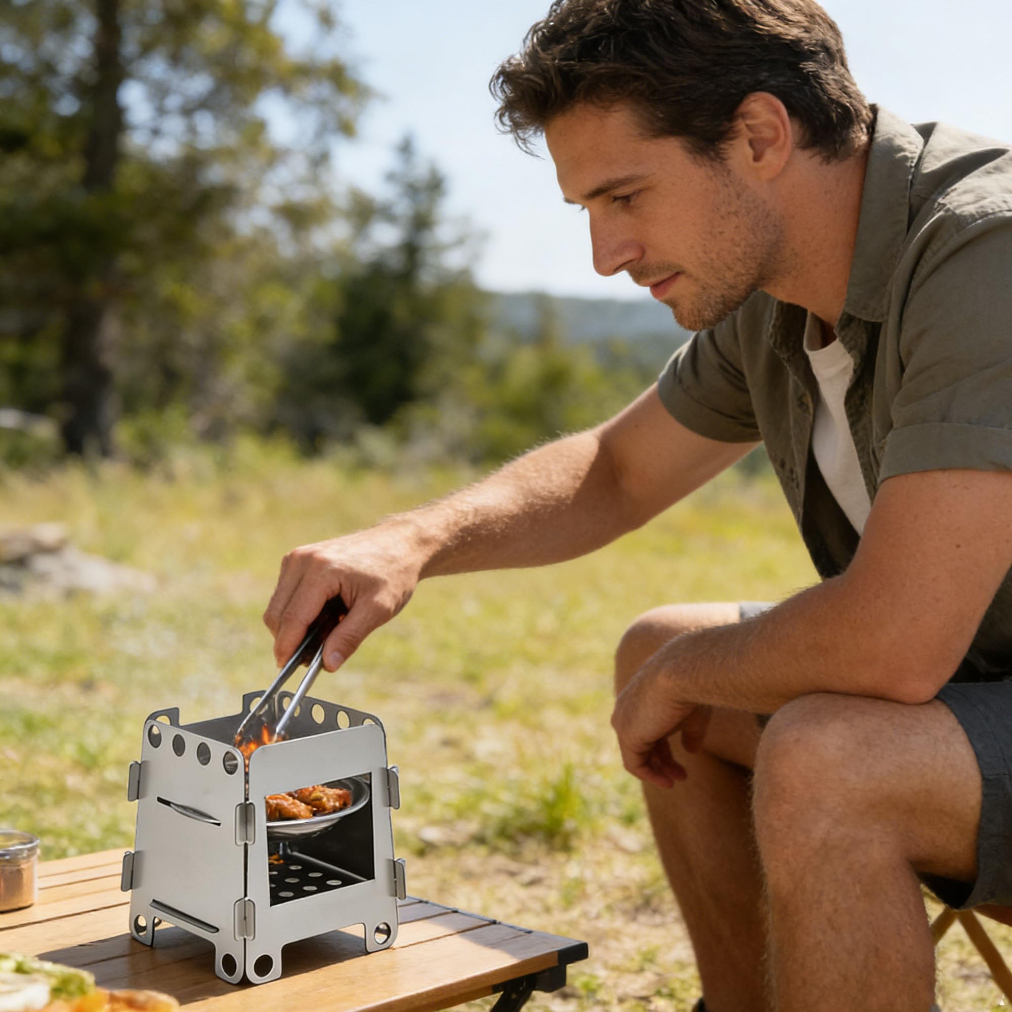 Petit Poele a Bois (Avec Plateau D'alcool), Poele Portable Amovible, Pique-nique Extérieur Multifonctionnel, Réchauds de Camping, Poêle Acier Inoxydablex, Cuisinière Camping Extérieure