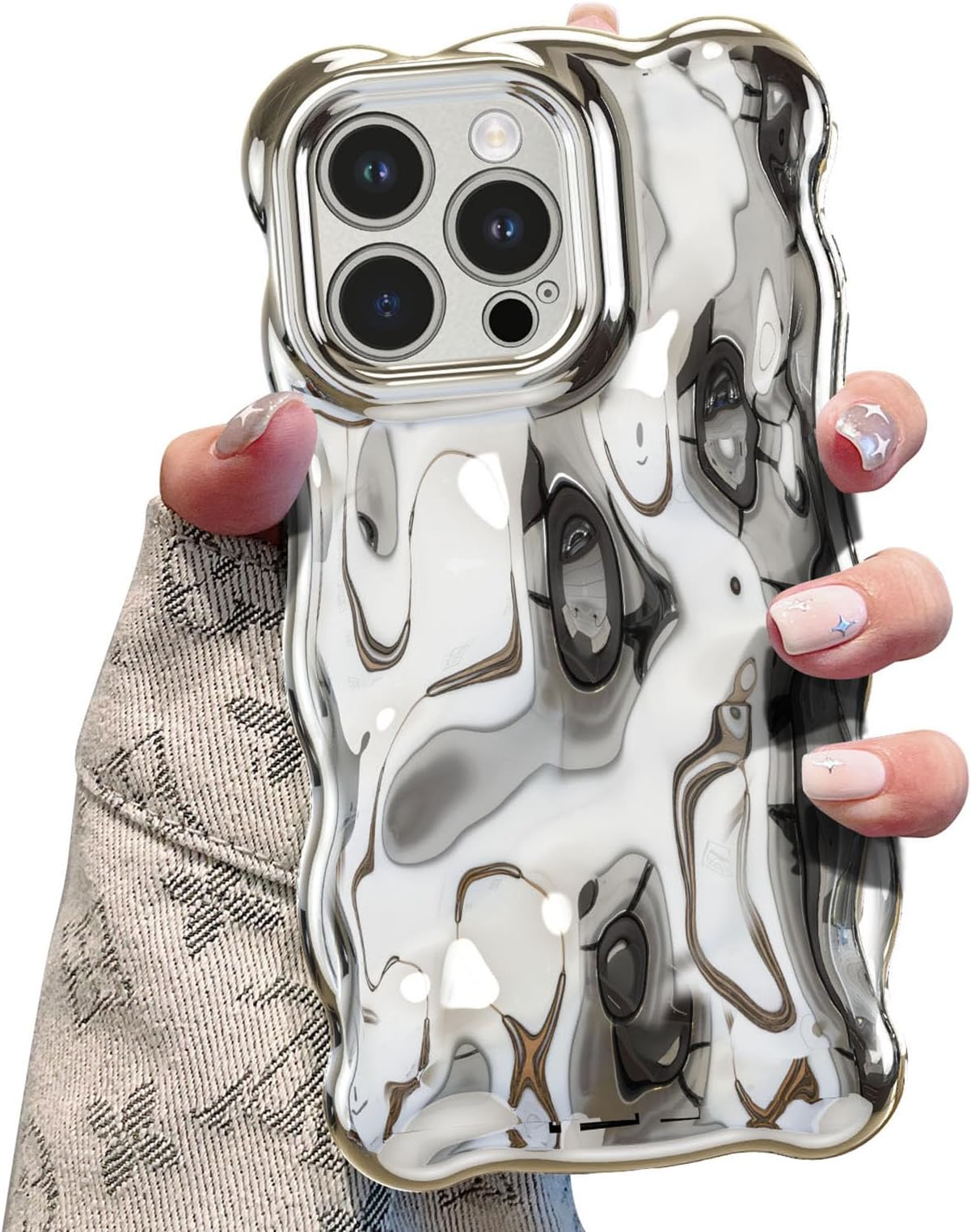 UEEBAICase for iPhone 13 Pro Max 6.7 inch, Cute Solid Color Curly Wave Shape Shockproof Soft TPU Bumper Phone Case, Candy Water Ripple 3D Silicone Slim Pretty Case Non-yellowing Cover,Silver
