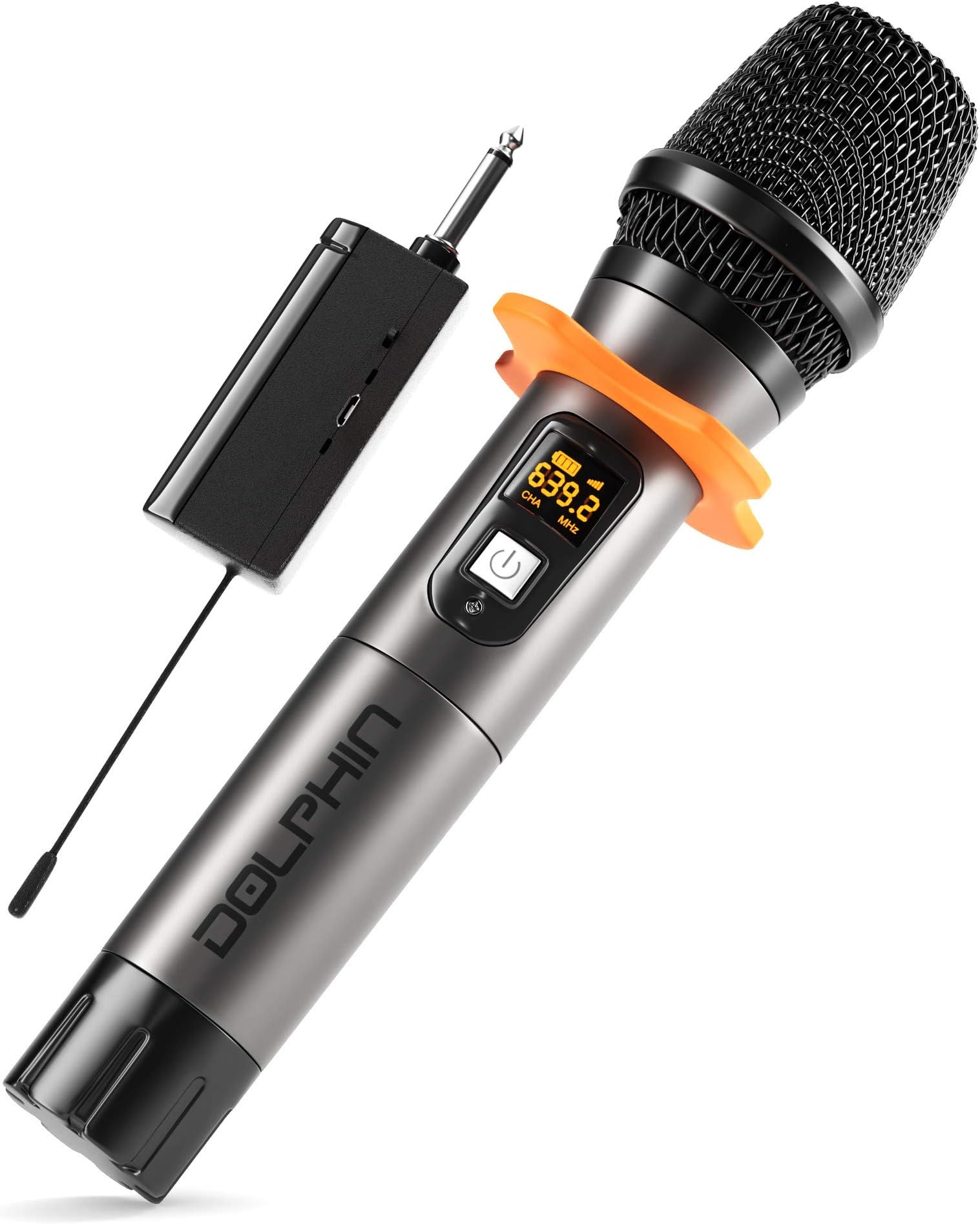 Dolphin Wireless Microphone , MCX10 Portable Handheld Cordless Karaoke Microphone for Speakers with Transmitter, Silicon Ring, and Batteries