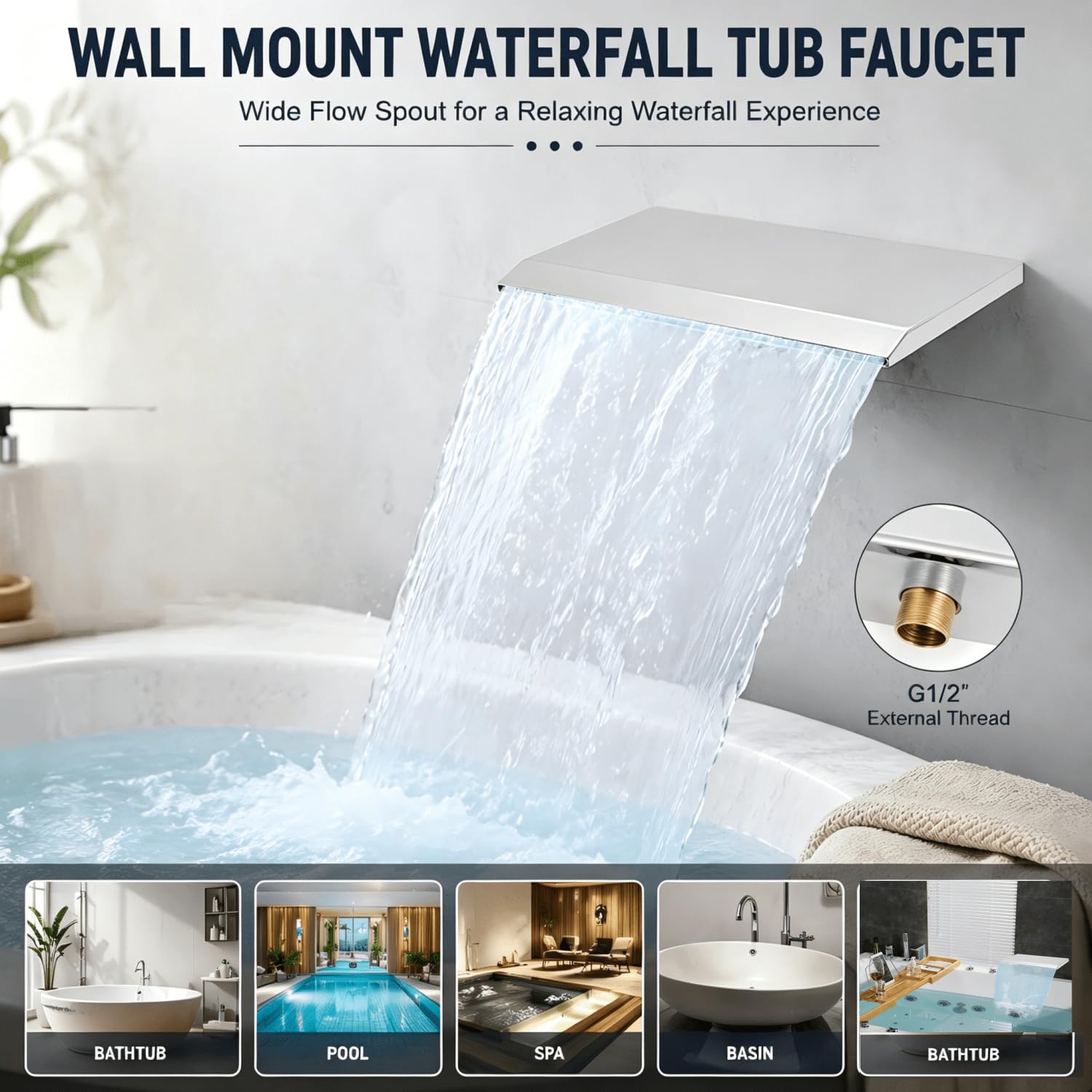 Rubinetto a Vasca a Cascata a Muro, Cucciolo di Caduta 'Acqua G1/2 Filo Esterno Filtro da Bagno a Cascata Bagno ugello da Nuoto per Bacino del Bagno
