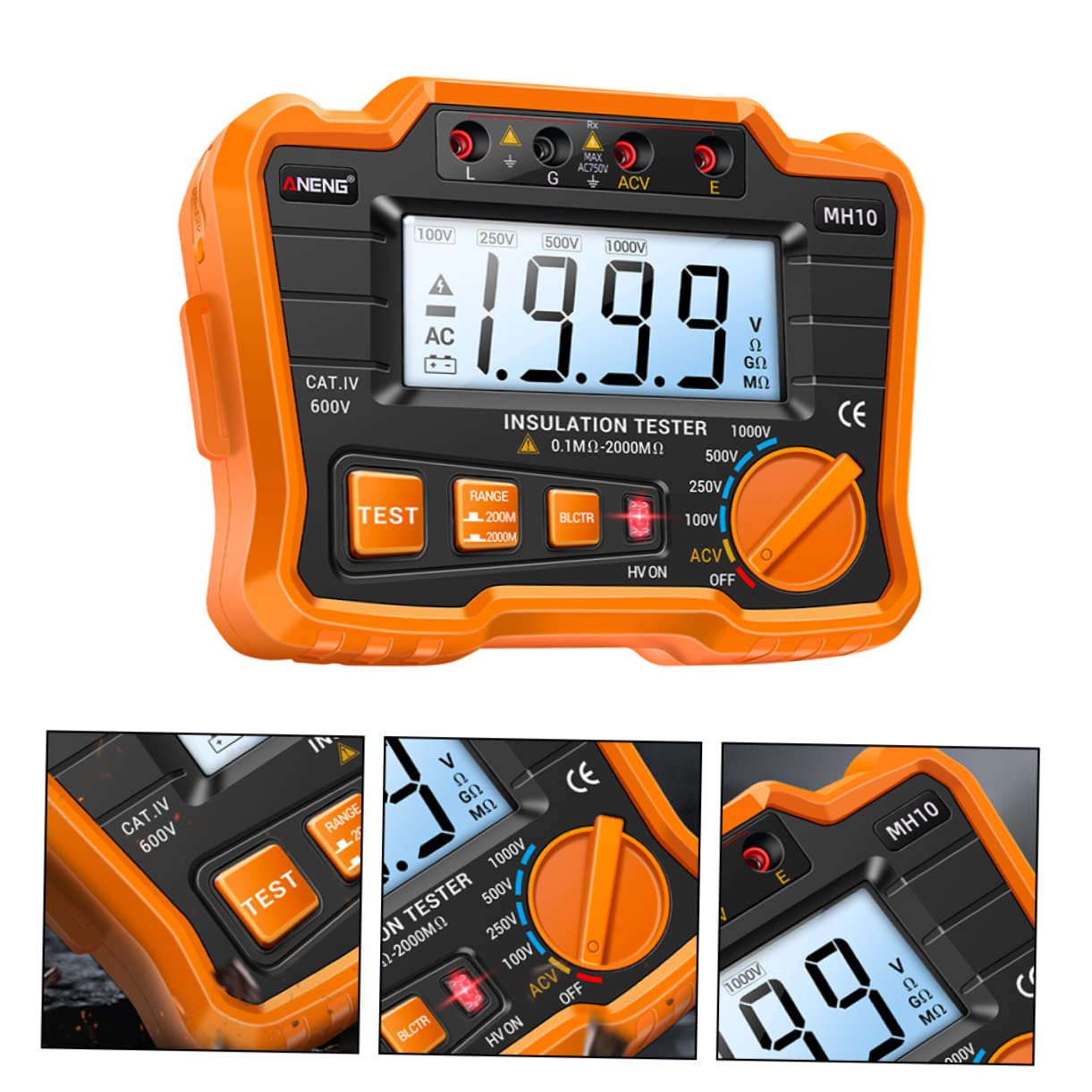 GARVALON LCD Insulation Resistance Tester Output Professional Megohmmeter with Backlight Protective Sleeve for Electrical Testing