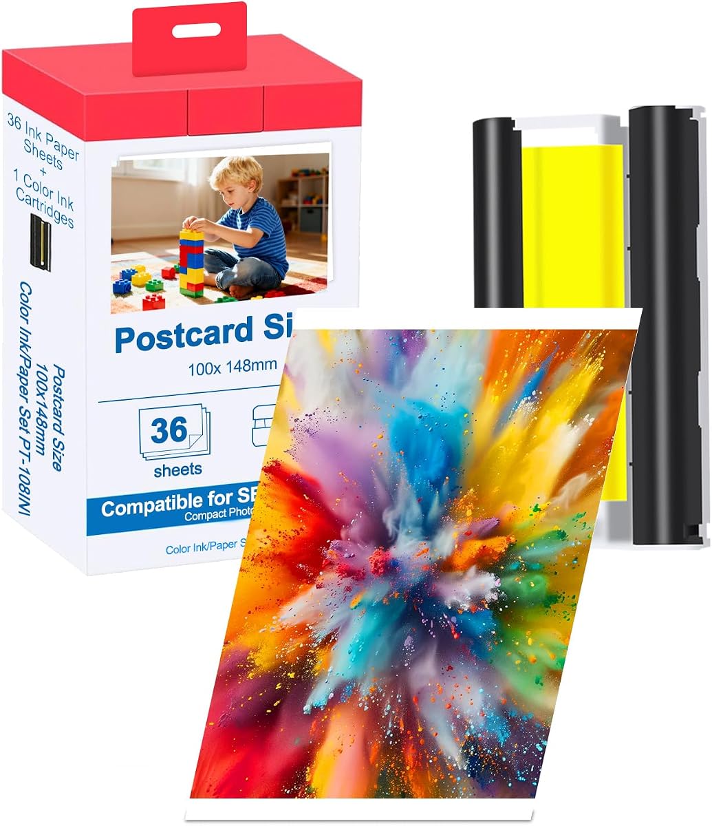 Compatible con tinta y papel de la serie Selphy de Canon, casete de tinta de 1 color KP-36IP y papel brillante de 36 hojas 4 x 6 para impresora Selphy CP1500 CP1300 CP1200 CP1000 CP910 (36 hojas y 1 cartucho de tinta)