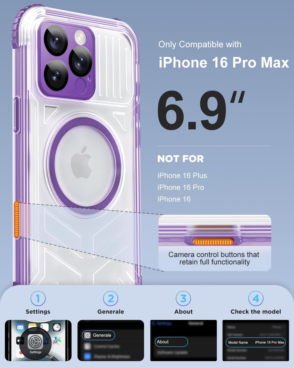 for iphone 16 pro max waterproof case with magsafe, built-in [camera & screen protector] [lanyard], ip68 water proof full body dustproof heavy duty frosted protective phone cover, 6.9" purple purple iphone 16 pro max