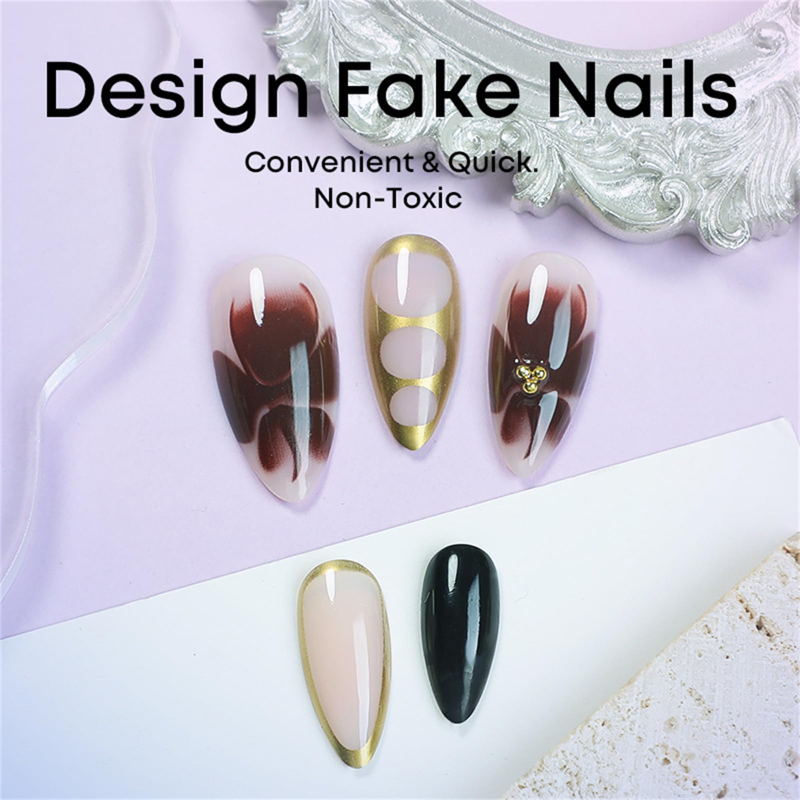 24 unghie finte a mandorla con perline lucide a forma di fiore, per manicure e nail art, facili da usare