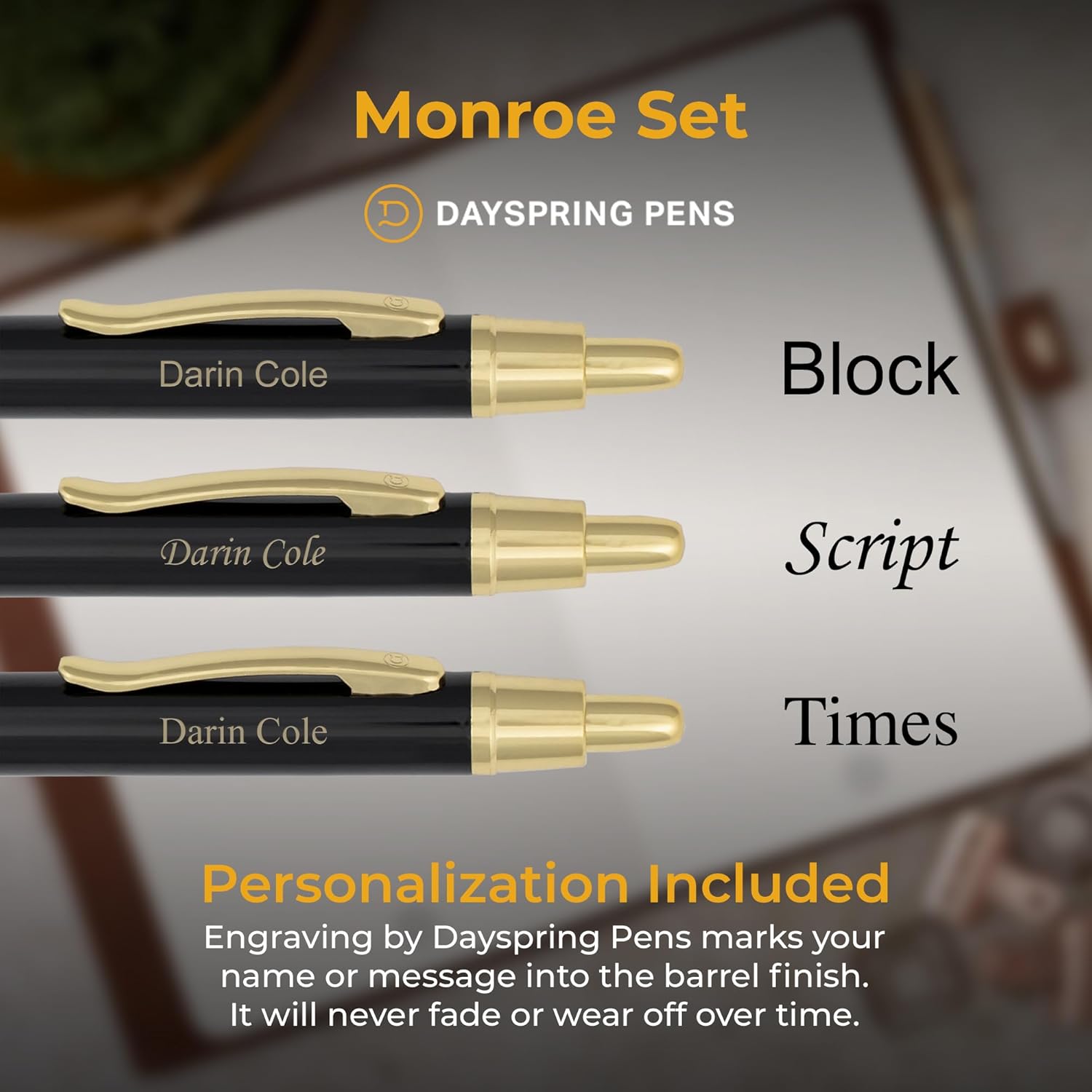 Dayspring Pens Monroe Pen and Pencil Set, Black Lacquer with Gold Accents, Custom Engraved — Graduation, Promotion, Anniversary, or New Job Gift