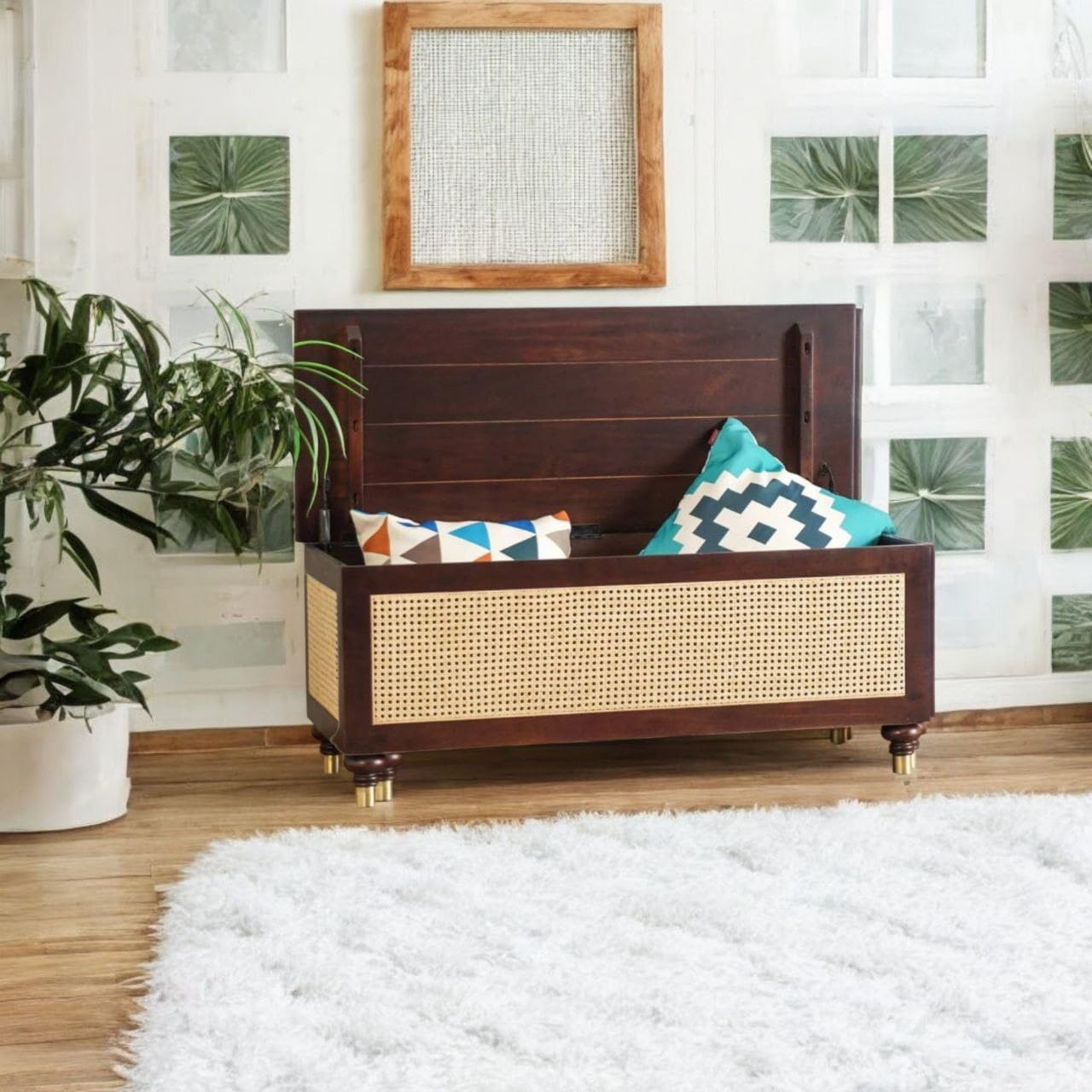 RODIWAL Solid Wood Storage Chest, Boston Rattan Storage Trunk Box – Stylish & Practical Brown Wooden Chest for Home Organization (Walnut)