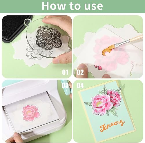 Miniatura 4 de GLOBLELAND Troqueles de corte de peonía, sellos transparentes y plantillas de pintura, plantilla de estampado de flores, sello de silicona, juego de