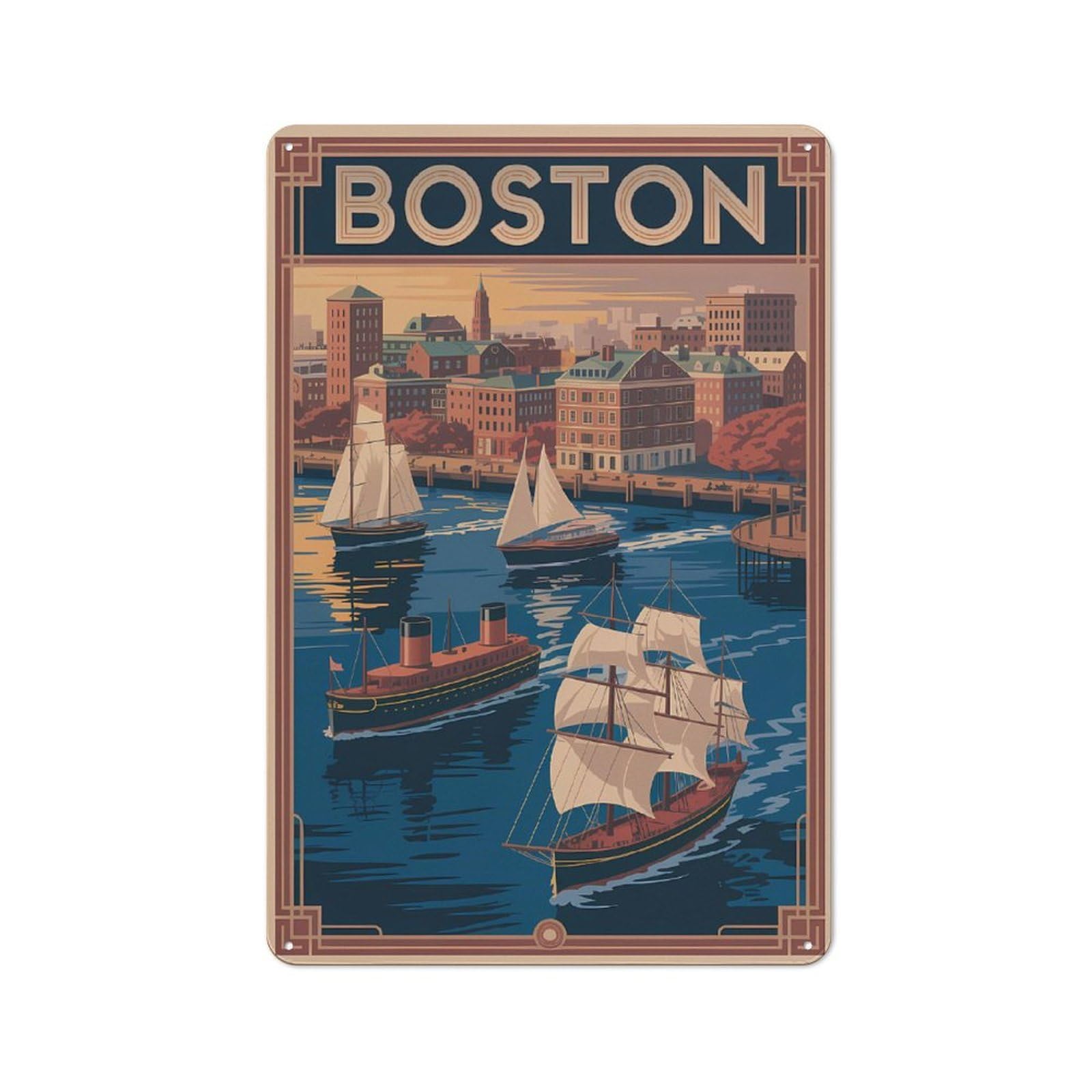 Junmoney Style-21 Boston Cityscape Vintage Travel Vintage Metal Plaque 30X20cm For Living Room Wall, Suited To Living Room Decor Lovers