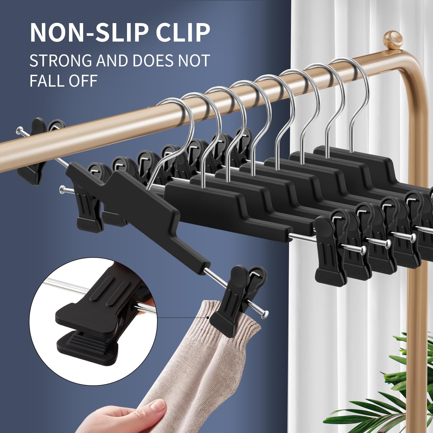 HUADYMEET 20 Pack Pants Skirt Hangers Non Slip,12 Inch Heavy Duty Space Saving Plastic Clothes Hangers with Adjustable Clips and Swivel Hook for Jeans,Trousers,Shorts,Slacks,Women, Men, Black