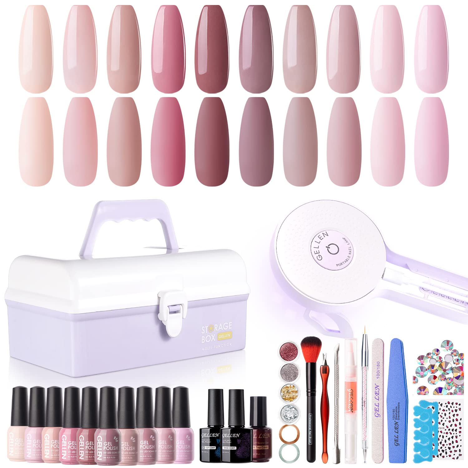 GellenGel Nail Polish Kit with U V Light - 10 Colors Classic Nudes Gel Nail Polish Kit with 36W Nail Lamp, Gel Nail Polish Set Starter Kit with Storage Box Soak off Nail Gel Kit Manicure Set