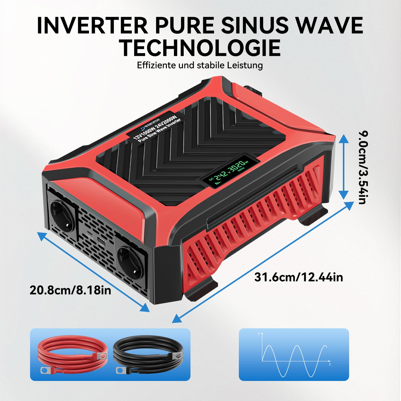 Wechselrichter 12V auf 230V Reiner Sinus 2000W/4000W(Dauerleistung 1000W/2000W) Doppel Spannungswandler, intelligentem Erkennungssystem mit 2 EU Steckdose, 1Type-C, 2.1A USB, für Haushaltsgeräten, LKW