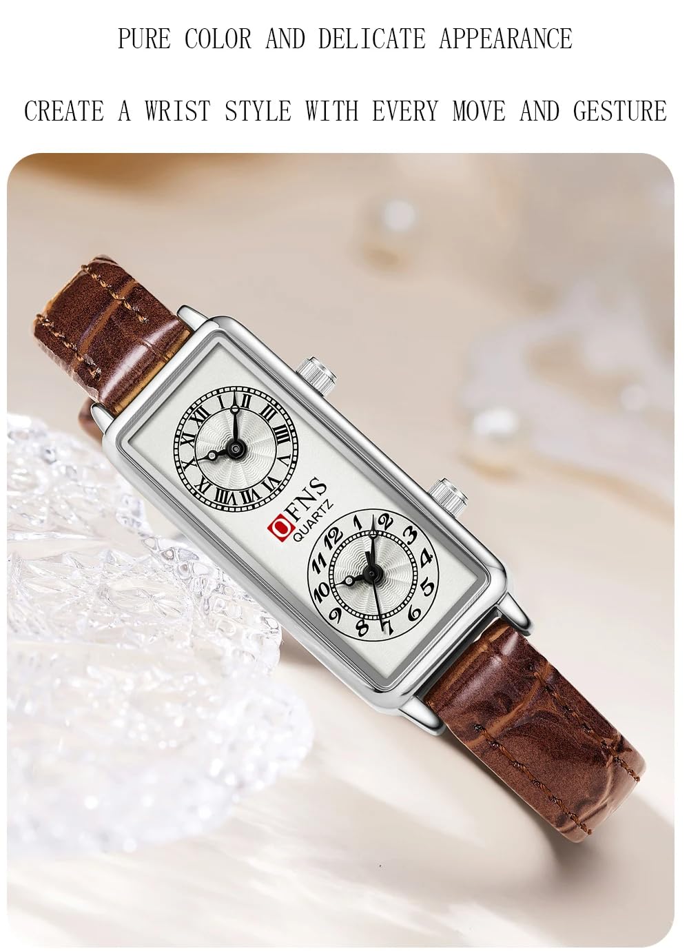 Gosasa Orologio al quarzo delle donne alla moda, quadrante rettangolare con i fusi orari doppi, resistente all'acqua di 30m