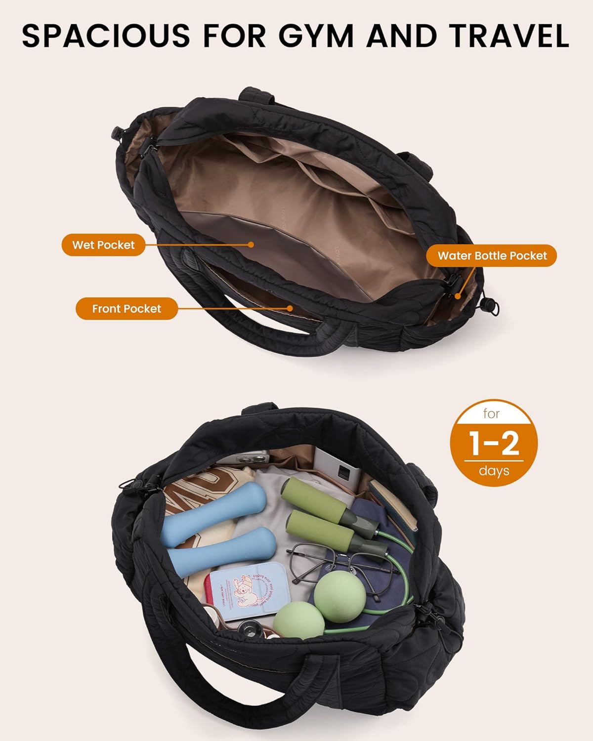 LOVEVOOK Duffle Bag for Travel, Puffer Weekender Gym Bags for Women with Toiletry Bag, Lightweight Carry on Overnight Bag Hospital Bag, Personal Item Bag for Airplanes - Image 3