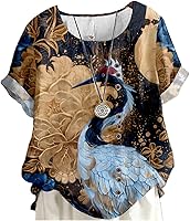 Domirica Women's Cotton Linen Flower Print Short Sleeve Blouse - Retro Flowy Casual Summer Top