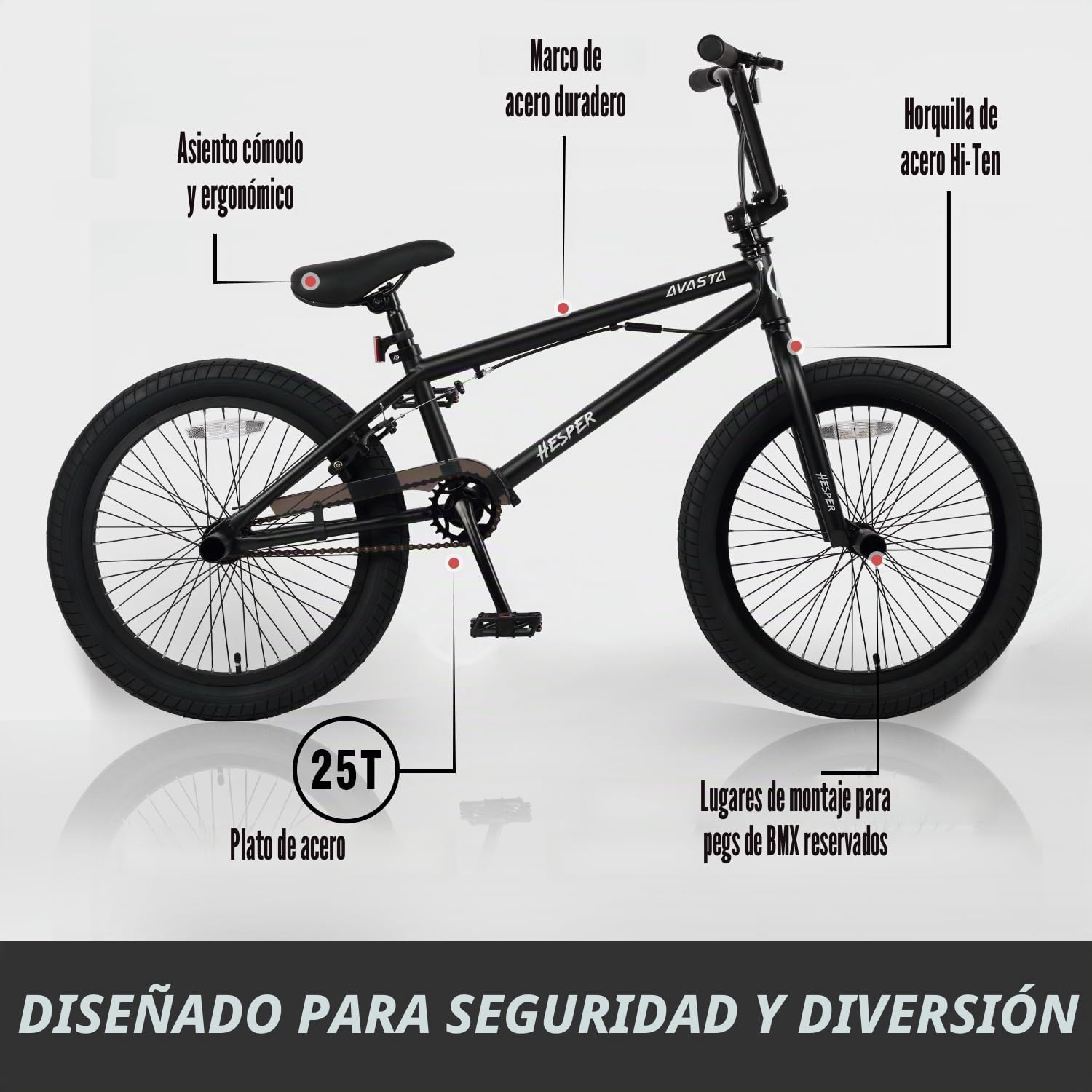 AVASTA Hesper - Bicicleta BMX Freestyle de 20 pulgadas para niños con 4 clavijas, bicicletas para niños de 6 a 14 años y principiantes, color negro