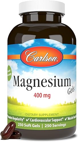Carlson - Geles de magnesio, 400 mg de magnesio por cápsula blanda, soporte cardíaco y muscular, cápsulas de gel de magnesio, función intestinal