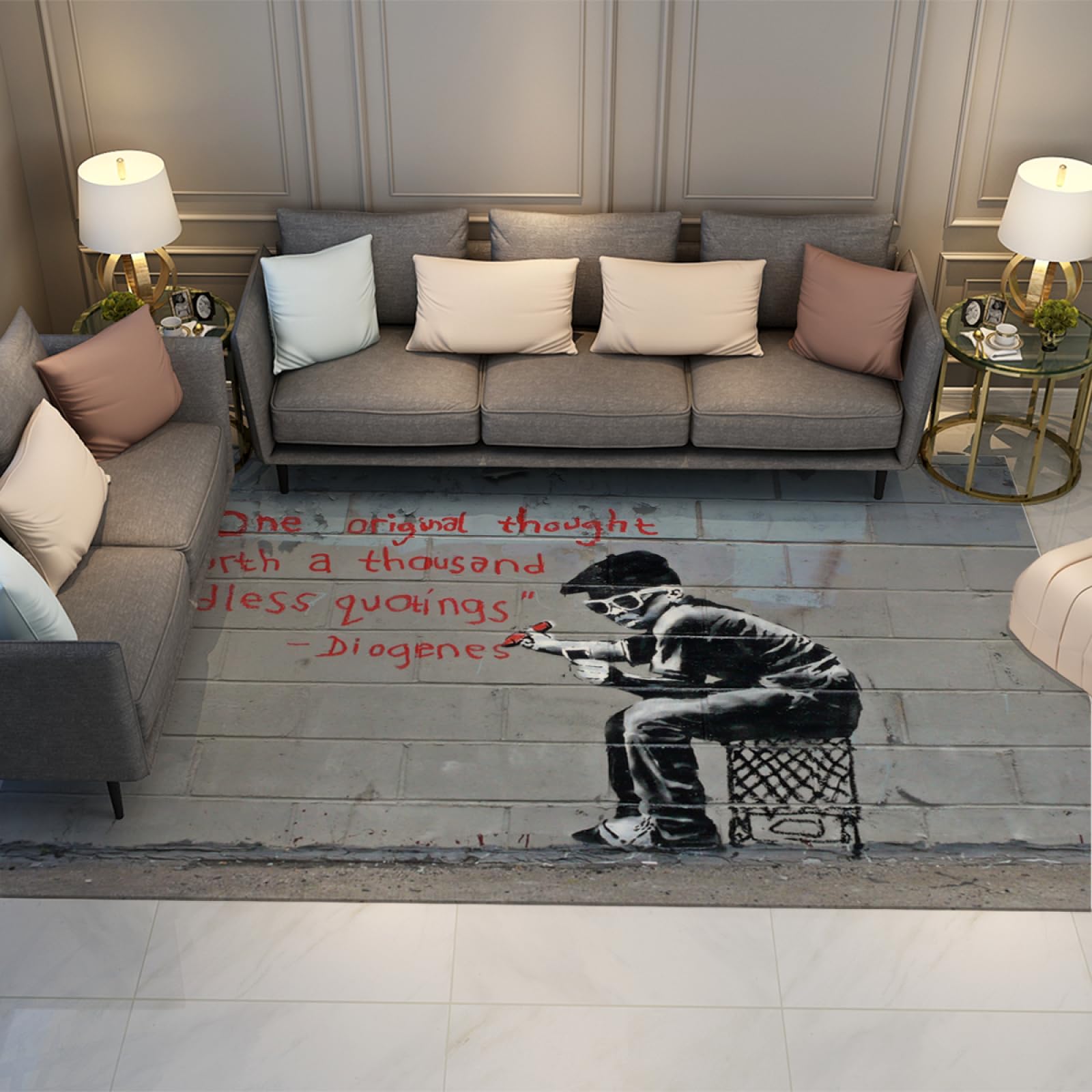 Tapis Pop Art Banksy inspiration graffiti moderne en format compact 90x120cm à poils ras