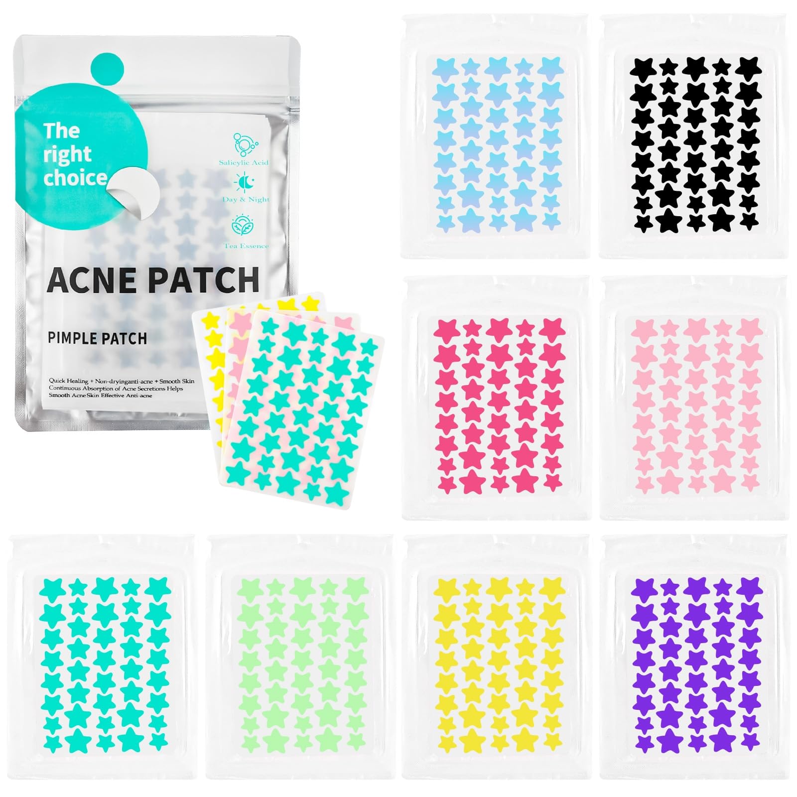 VMUTGA 320 Stück Pimple Patches, 3 Größen Pickel Patch Sterne mit Teebaumöl Salicylsäure Hydrokolloid Pflaster Anti Pickel Patches Wasserdichte Atmungsaktive Tag und Nacht Akne Patches (10/12/14 mm)