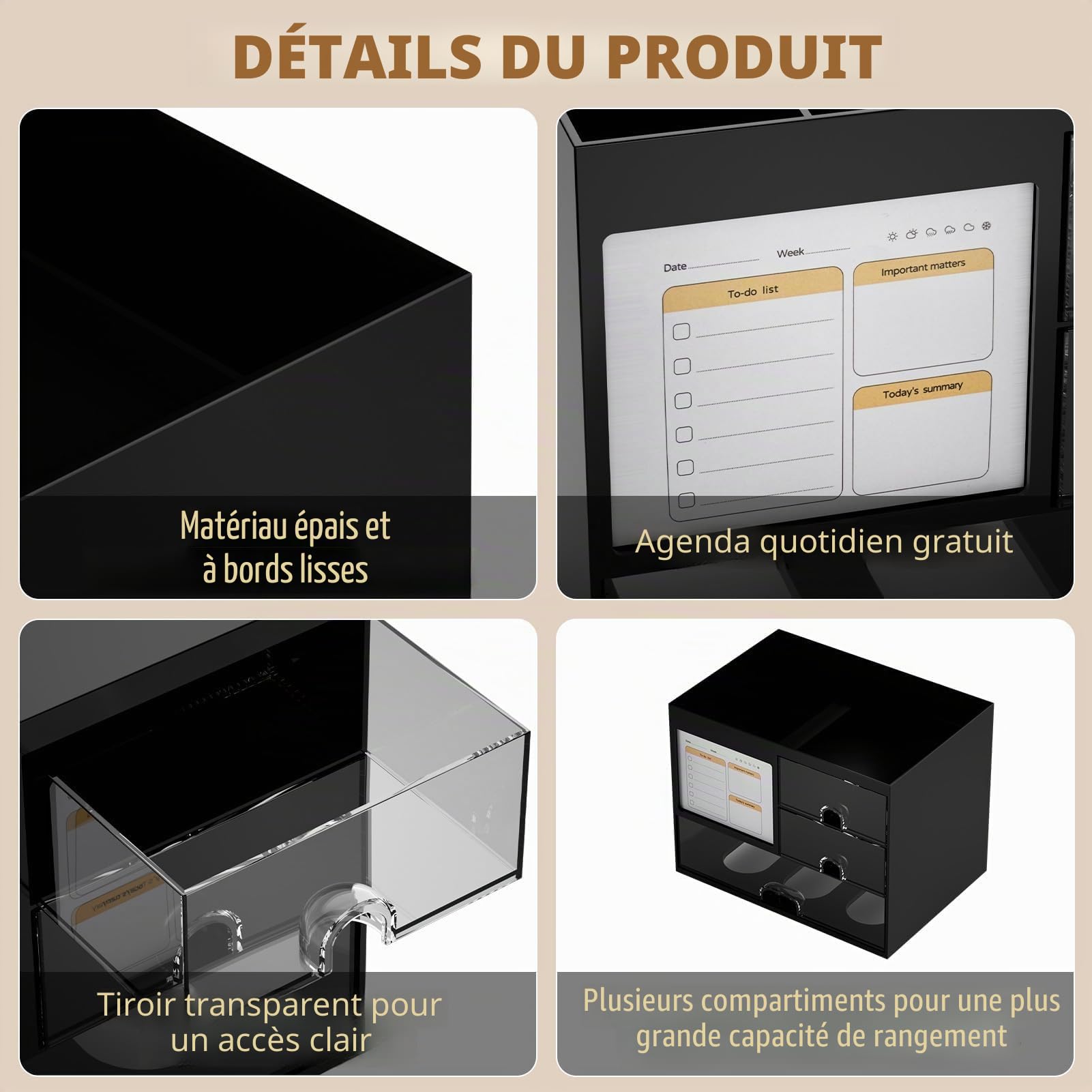 Marbrasse Organiseur de Bureau avec 3 Tiroirs,Porte-Crayons de Grande Capacité pour Bureau Rangement,4 Compartiments Accessoires Organiseur,Maison L'école(Noir)
