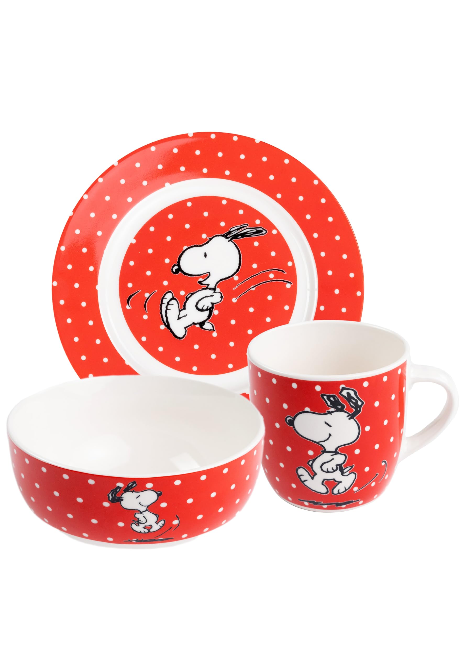 United Labels The Peanuts Snoopy 3-Piece Breakfast Set, Red with Dots, Porcelain Crockery Set with Plate Diameter 19 cm, Cup 220 ml and Bowl 330 ml