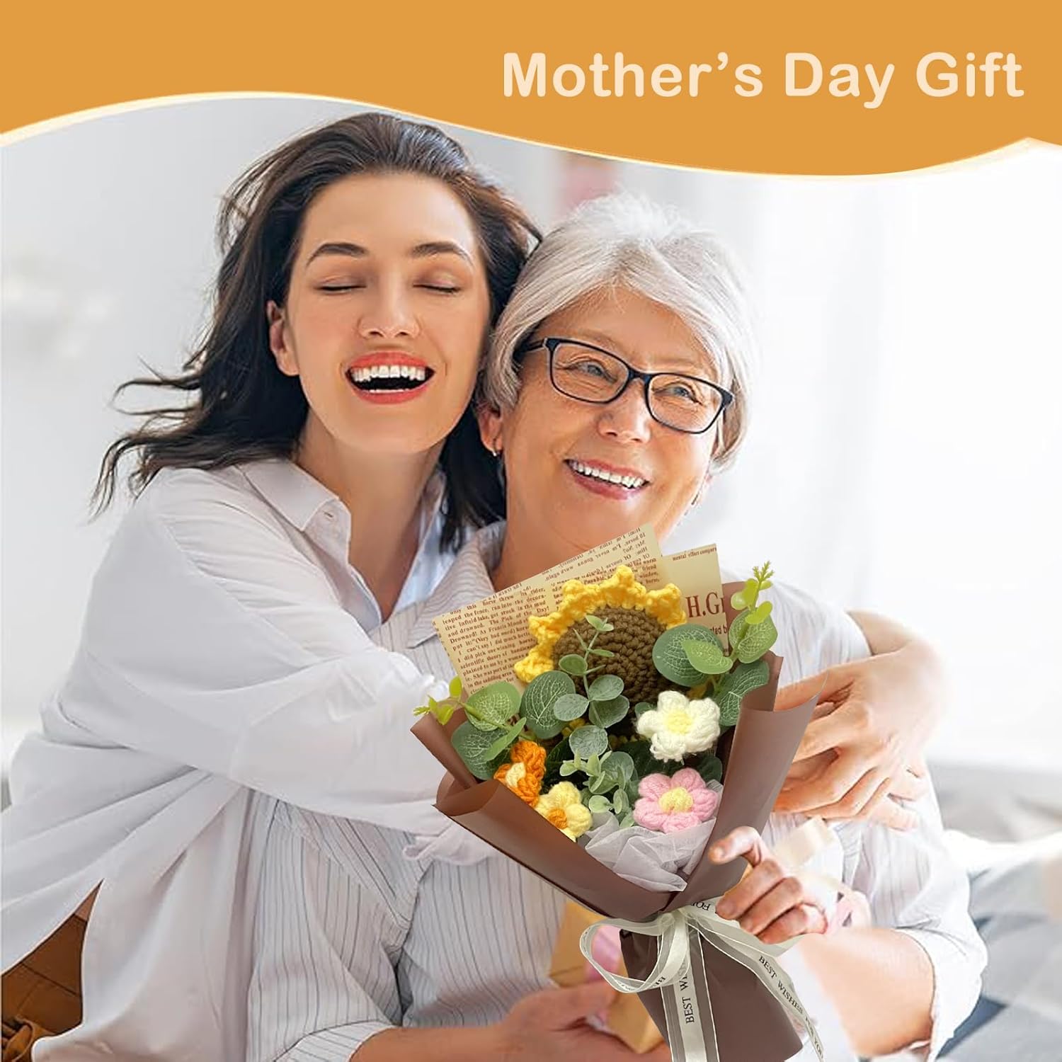 Crochet Flowers Bouquet, Handmade Knitted Bouquet, Crochet Bouquet Kit Knitted Fake Sunflower Daisy, Gift for Mother Wife on Birthday Anniversary (Coffee Color) - Image 5