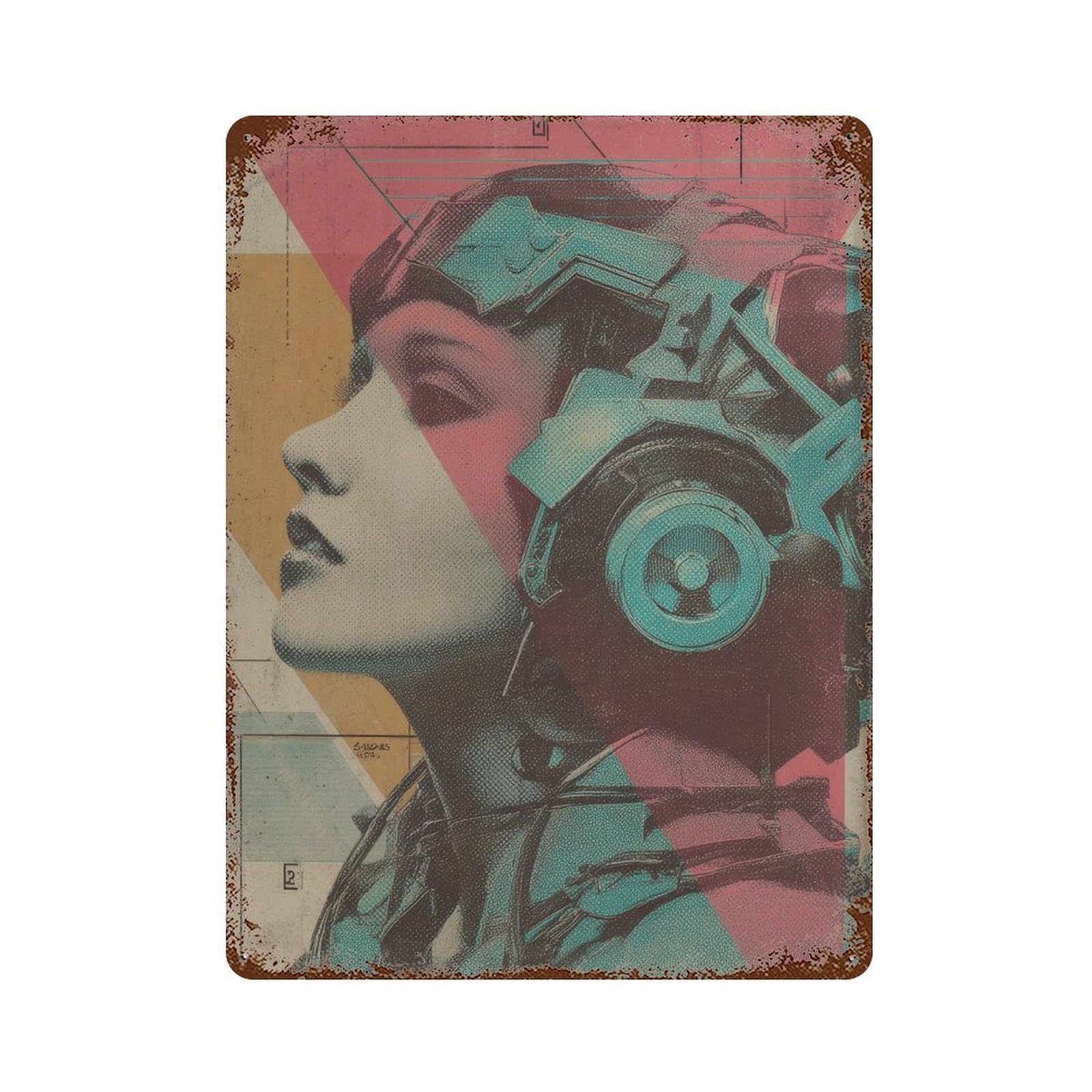 xiaoxiaoshen Futuristic Female Portrait. Retro Futurism Japanese Pop Wall Decor Art Metal Tin Poster Modern Home Decor Art Home Bar Shop Decorations Vintage Sign 40x30cm