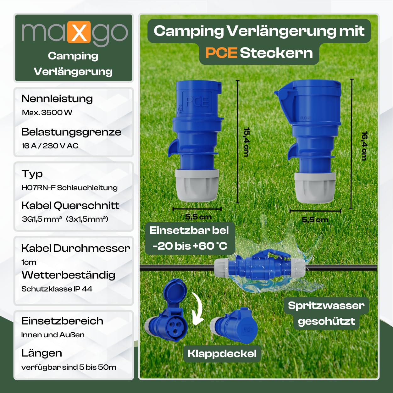 camping kabel 10 meter cee verlängerungskabel 10m außen H07RN-F 3x1,5 PCE strom wohnwagen kabel landstromanschluss wohnmobil caravan adapter verlängerung stromkabel verlaengerungskabel outdoor
