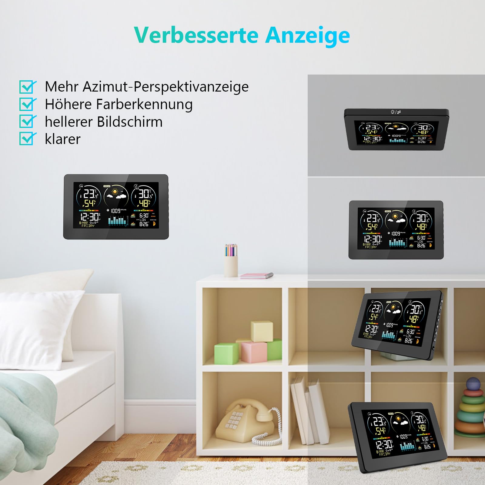 Wetterstation Funk mit Außensensor, 7,8 Zoll Großes Farbdisplay mit Beleuchtung & DCF Funkuhr, Wettervorhersage, Innen- & Außentemperatur, Luftfeuchtigkeit, Luftdruck, Mondphase (Schwarz1)