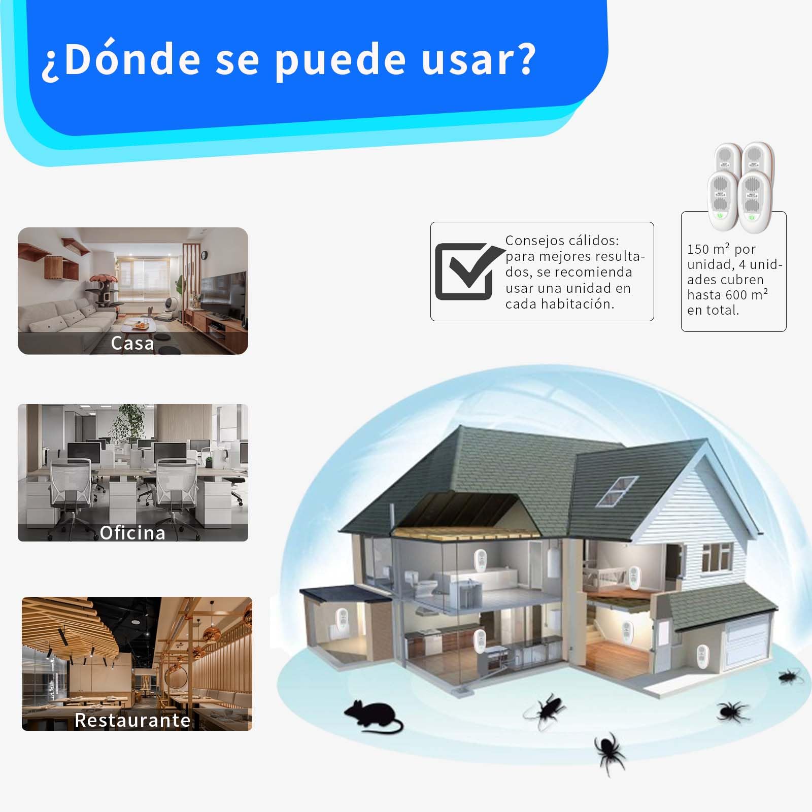 Ahuyentador de Ratas, 4 Piezas Repelente Ultrasónico de Plagas Interior, Auyentadores de Ratones Potente Ultrasonidos Cucarachas Anti Arañas Moscas Ahuyenta Mosquitos para Casa Oficina
