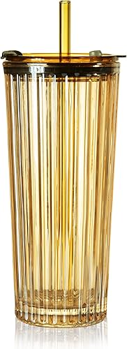 Miniatura 13 de Puraville Vaso de vidrio de 18 onzas con tapa y pajilla, cristalería gruesa con patrón de diamante vintage para whisky, cóctel, cerveza, vaso de