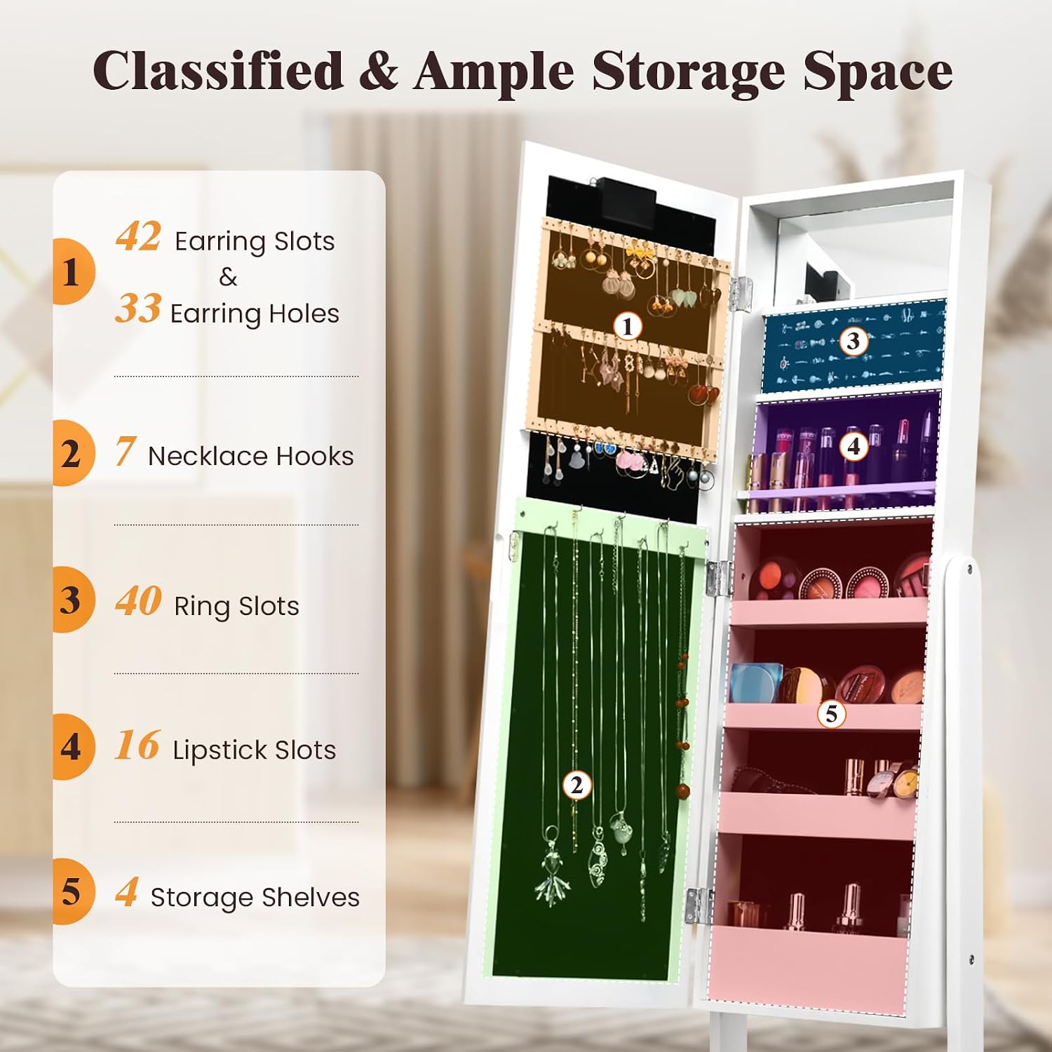LOKO Jewelry Armoire with 18 LED Lights, Freestanding Jewelry Organizer with Full-length Mirror, Large Storage Mirrored Jewelry Cabinet with 16 Lipstick Holders, for Bedroom, Dressing Room (White)