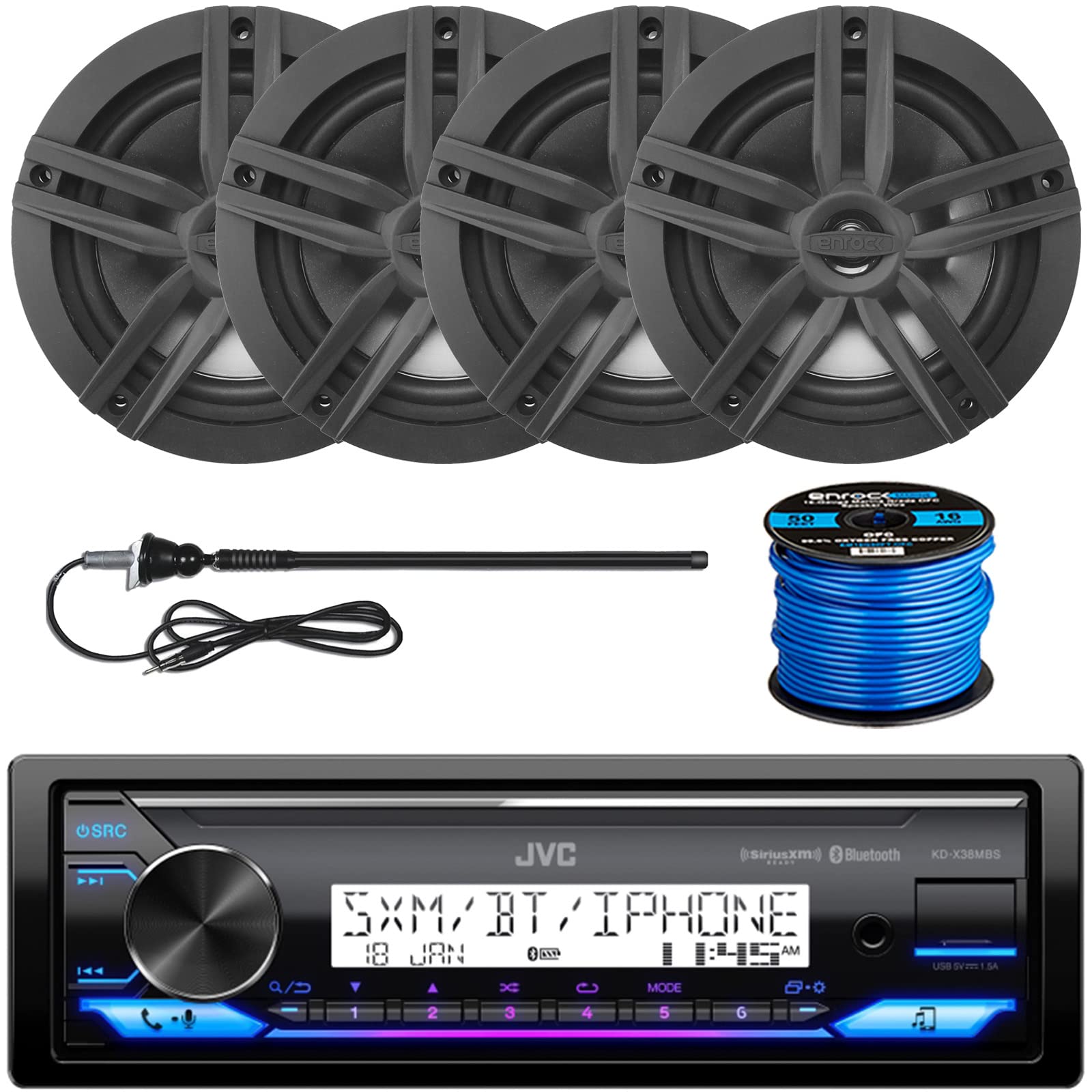 JVCSingle Din Marine Bluetooth USB/AUX Stereo Receiver, 4X Enrock 6.5" 180 Watt Boat Black Speakers, Long Range Black Radio Antenna, Speaker Wire