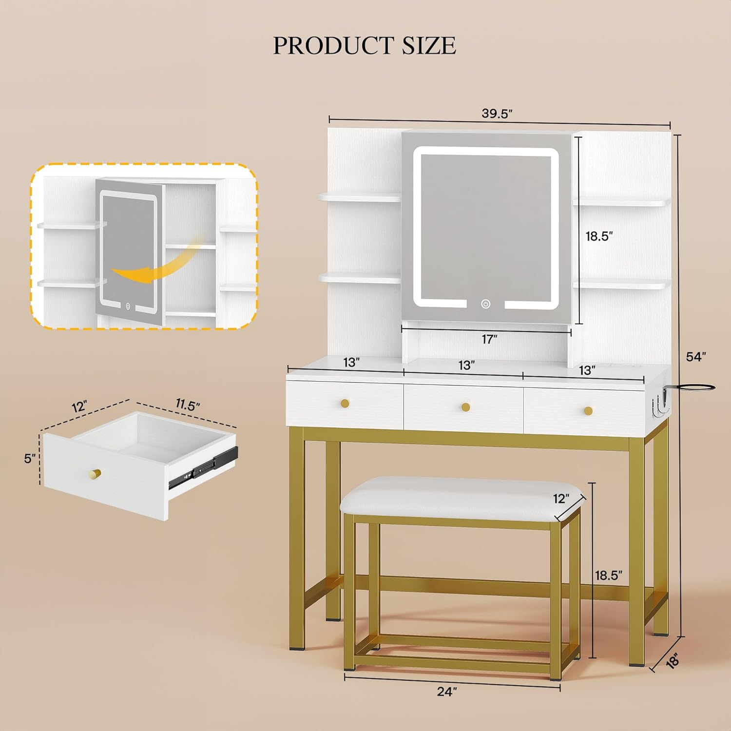 YITAHOME Vanity Desk with LED Lights Mirror & Power Outlets, Makeup Table Set with 3 Adjustable Lighting Modes, Open Shelves and Hidden Storage, Stool, Hooks and Hair Dryer Holder for Bedroom, White