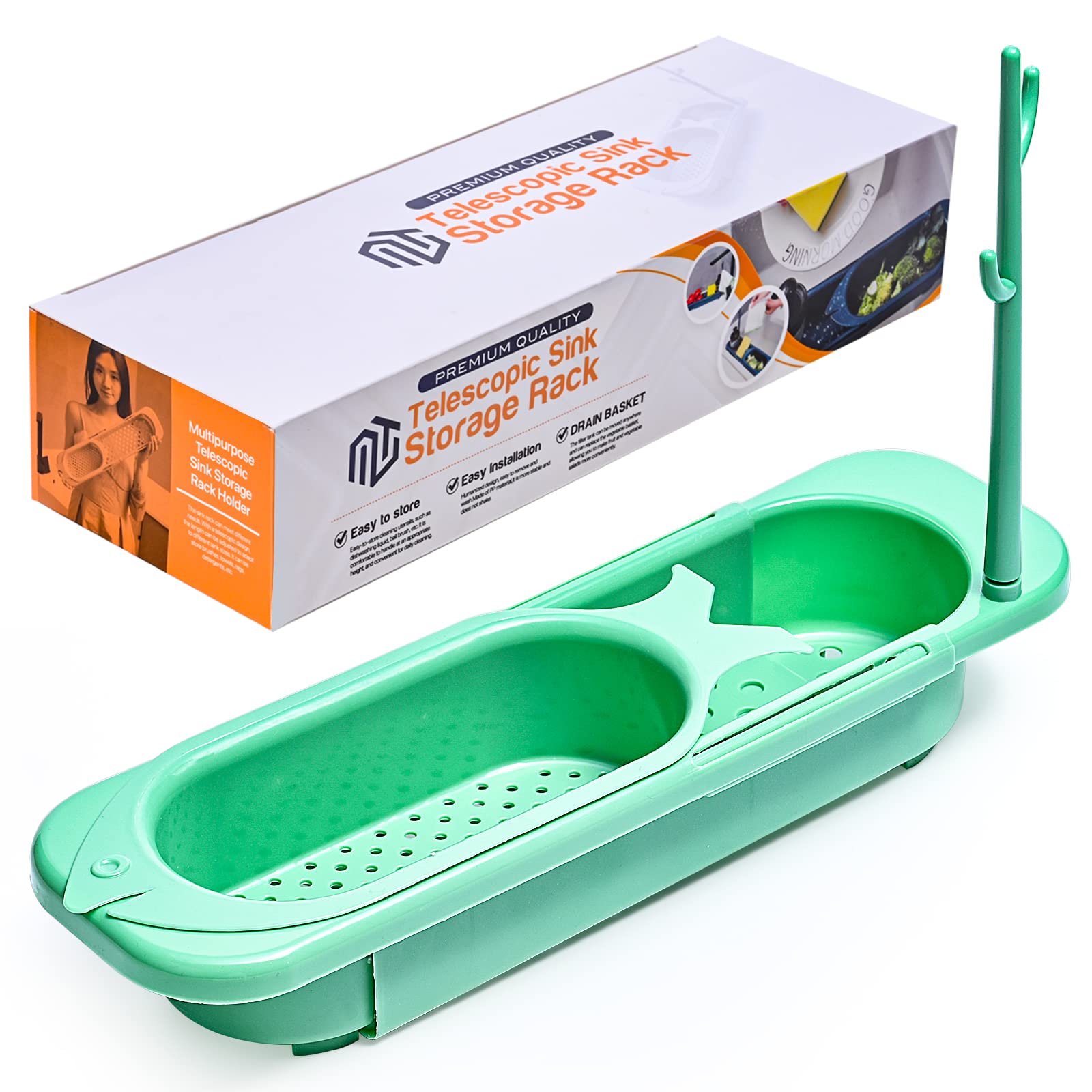 Upgraded Telescopic Sink Storage Rack, Adjustable Sink Storage Rack, Sponge Caddy Telescopic Sink Rack, Telescopic Sink Shelf Kitchen, Sink Storage Rack Dish Hanger for Home Kitchen