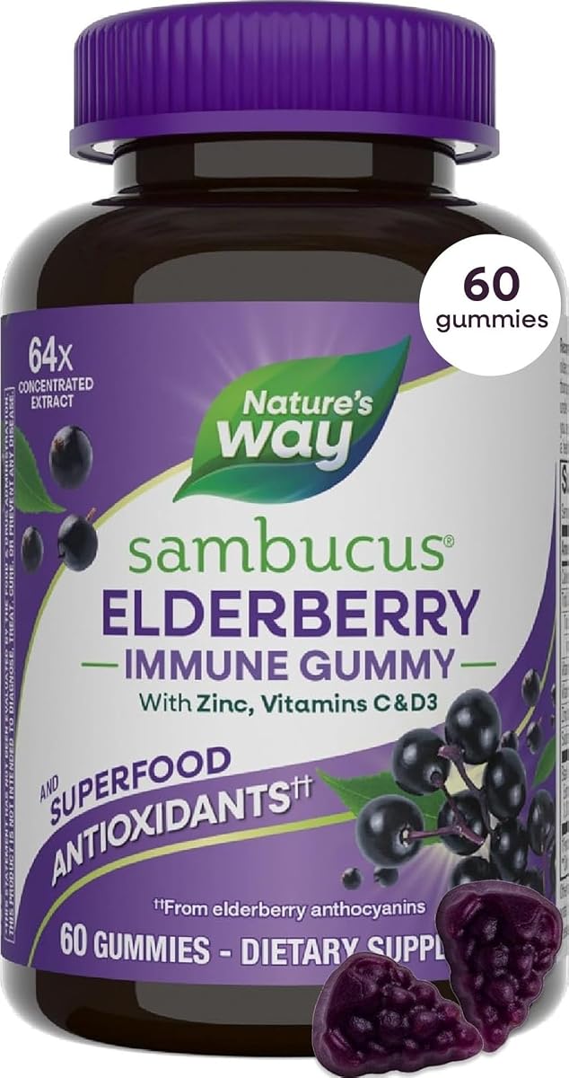 Nature's Way Sambucus Elderberry Gummies for Immune Support* Ages 4+, 60 ct | Immune Gummy with Black Elderberry Extract, Vitamin C, D3, Zinc, and Superfood Antioxidants*, Adults & Kids Ages 4+