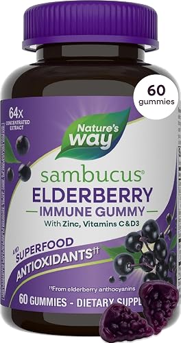 Nature's Way Sambucus Elderberry Gummies for Immune Support* Ages 4+, 60 ct | Immune Gummy with Black Elderberry Extract, Vitamin C, D3, Zinc, and Superfood Antioxidants*, Adults & Kids Ages 4+ - 60 Count (Pack of 1)