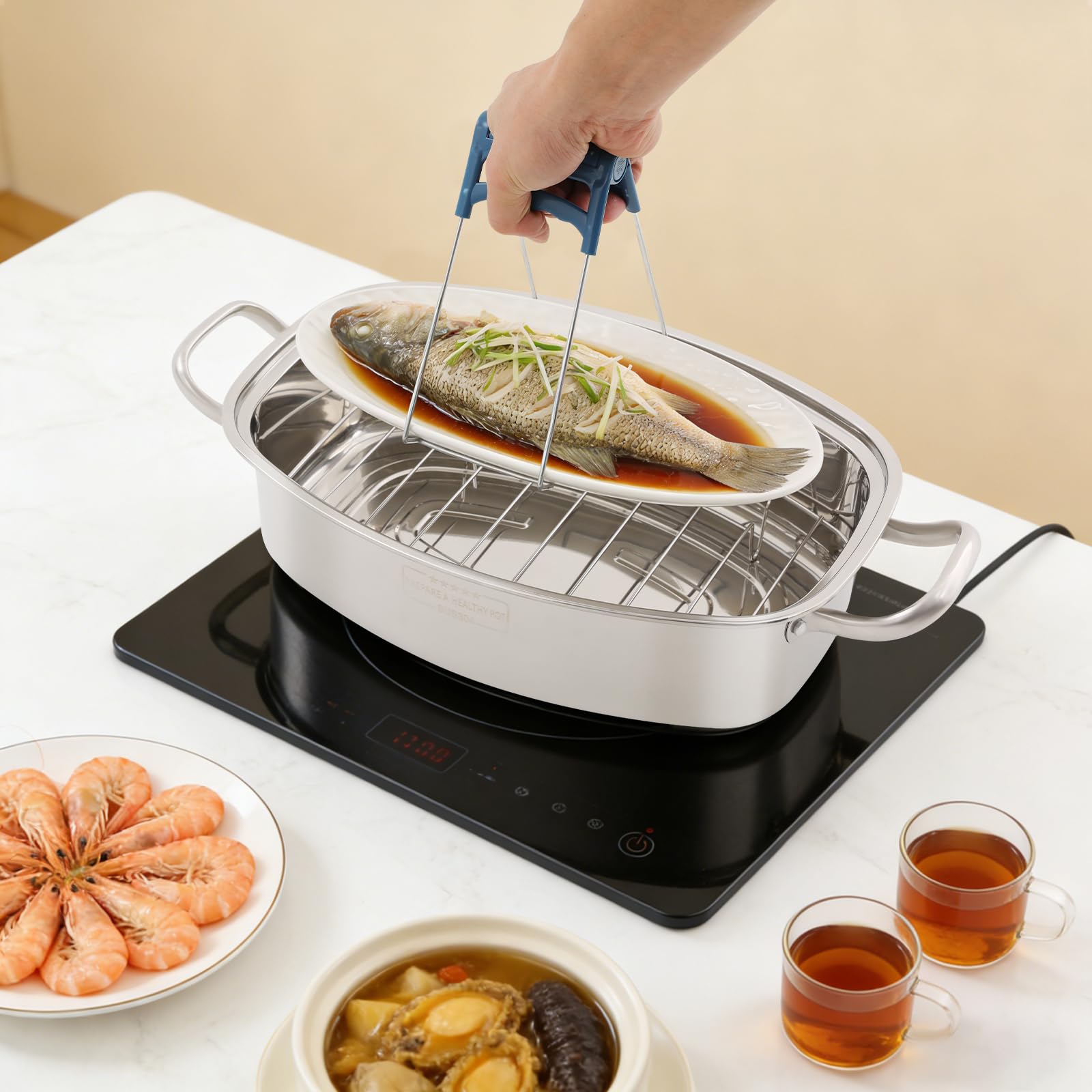Edelstahl Dampfgarer Topf Set, Gas-, Elektro- & Induktionskochfeldern kompatibe, ovales Mehrzweck-Kochgeschirr mit Glasdeckel, Dampfeinsätze, Timer und Zange, für Fisch, Suppe & Dünsten (1 Etagen)
