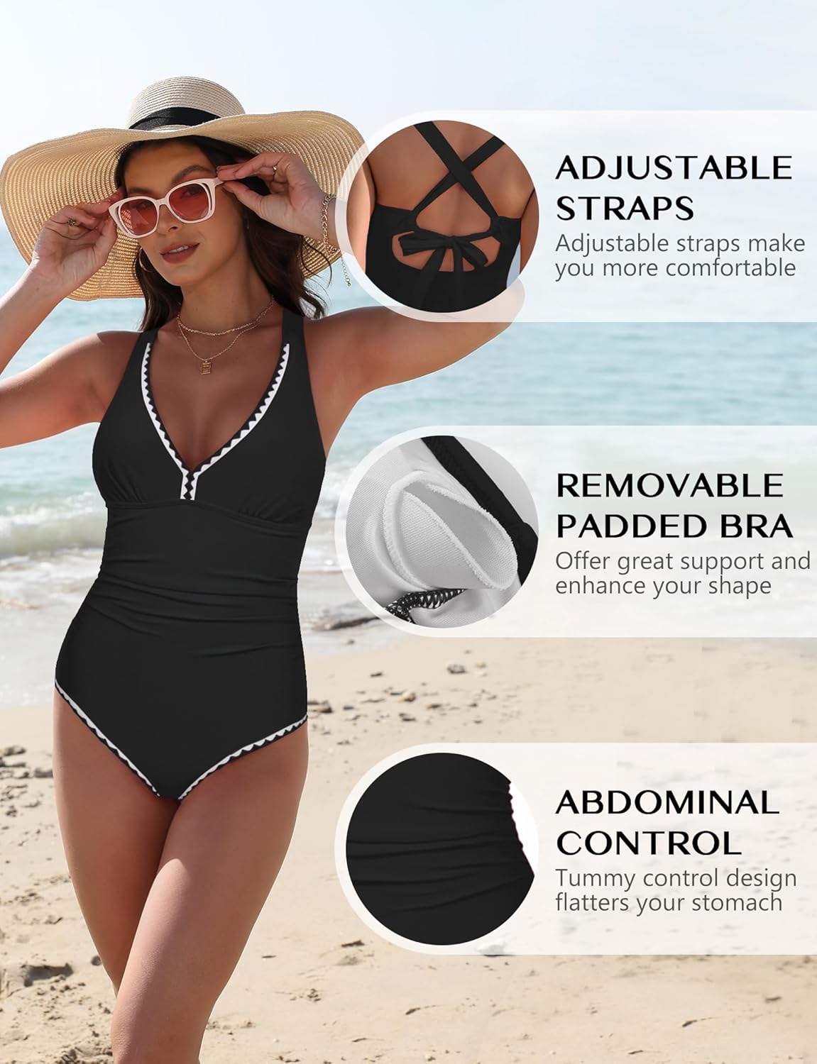 Womens One Piece Swimsuits Tummy Control Bathing Suits Shell Stitched Color Block Push Up Slimming Swimwear - Image 5