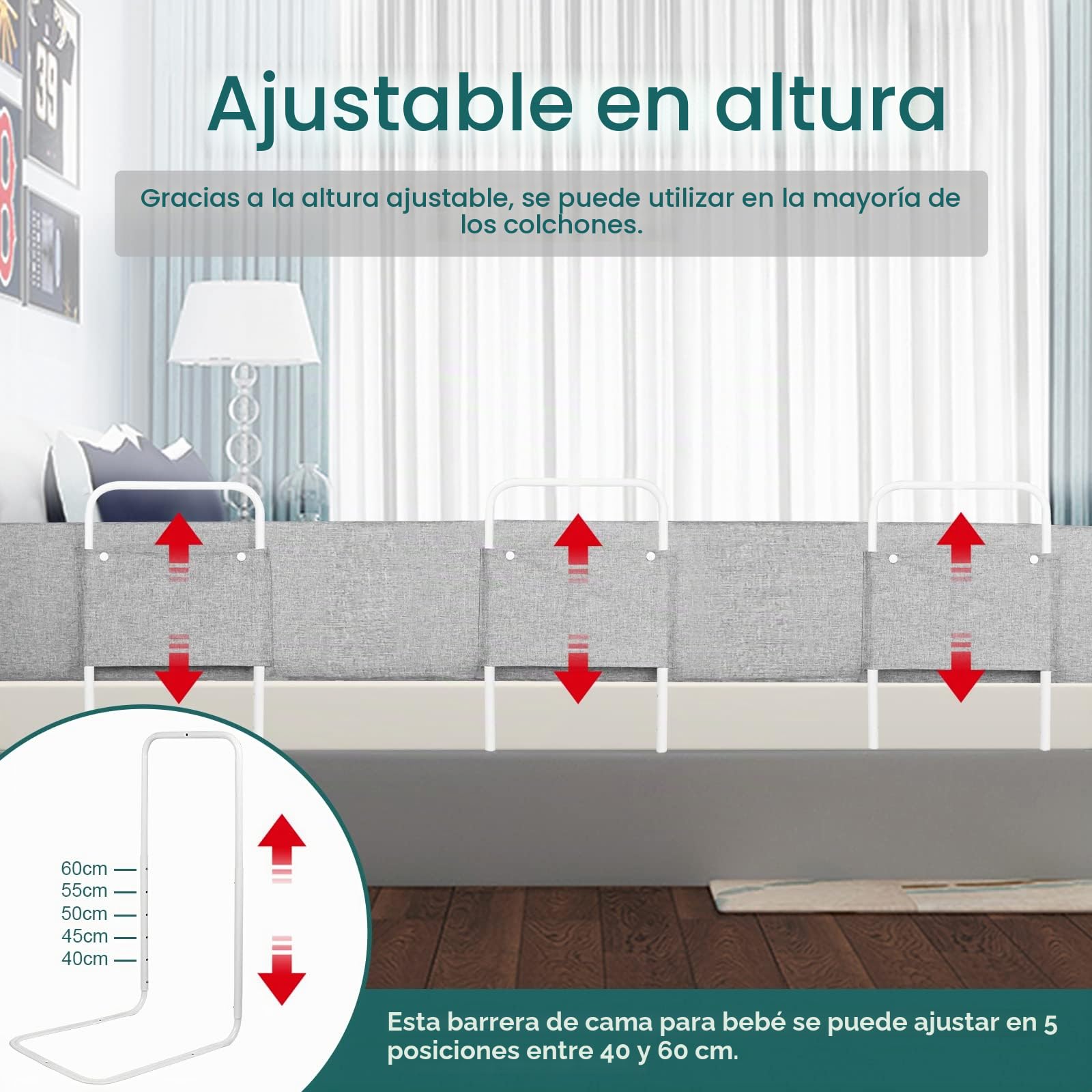 ACXIN Barrera de cama para bebé, deformable, protección anticaídas, altura ajustable, para cama familiar y cuna (180 cm, color gris lino)