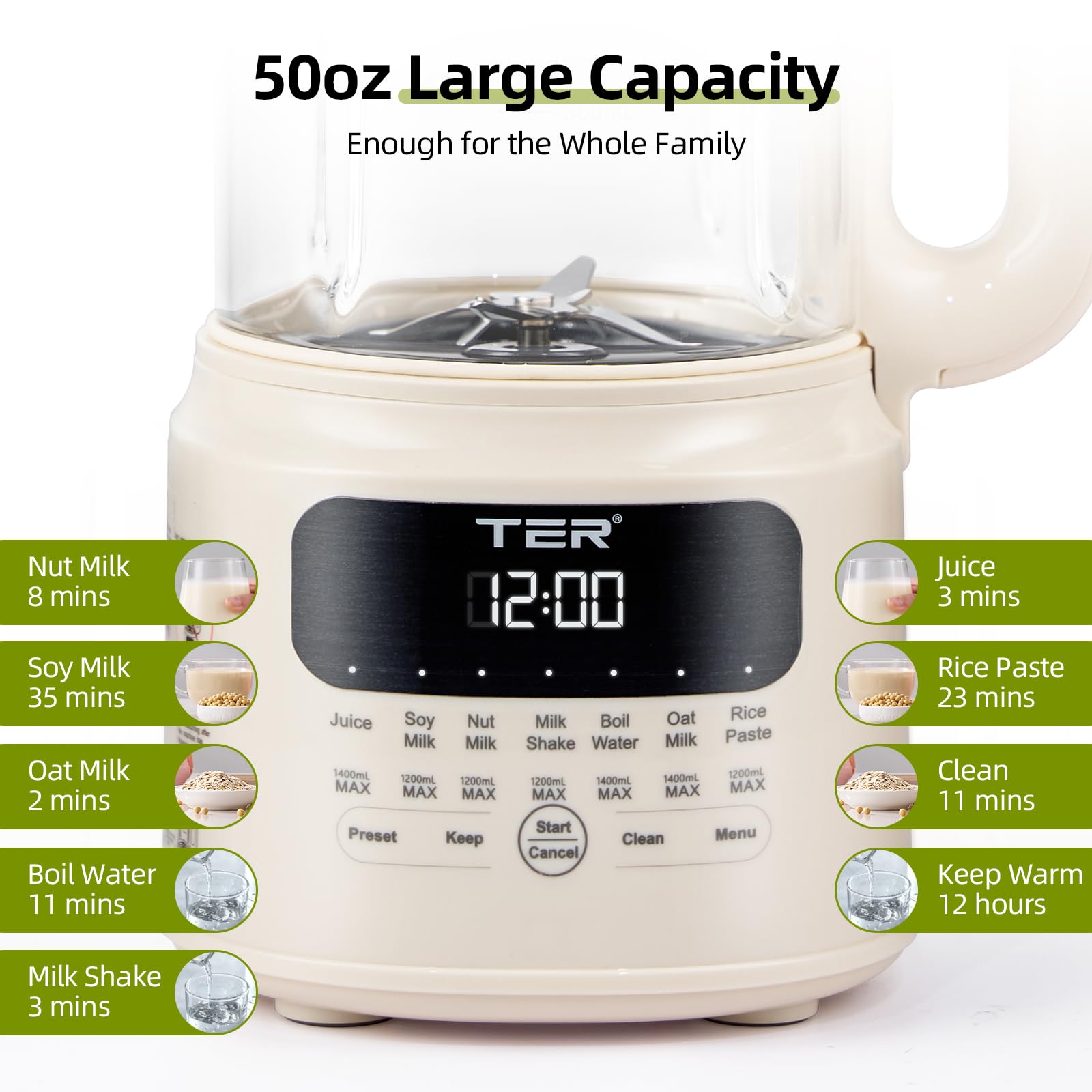 10 in 1 Nut Milk Maker, 50oz Homemade Almond, Oat, Soy, Coconut Milk, Juice & Rice Paste, Electric Bean Milk Machine with Preset/Auto-Clean/Boil Water/Keep Warm