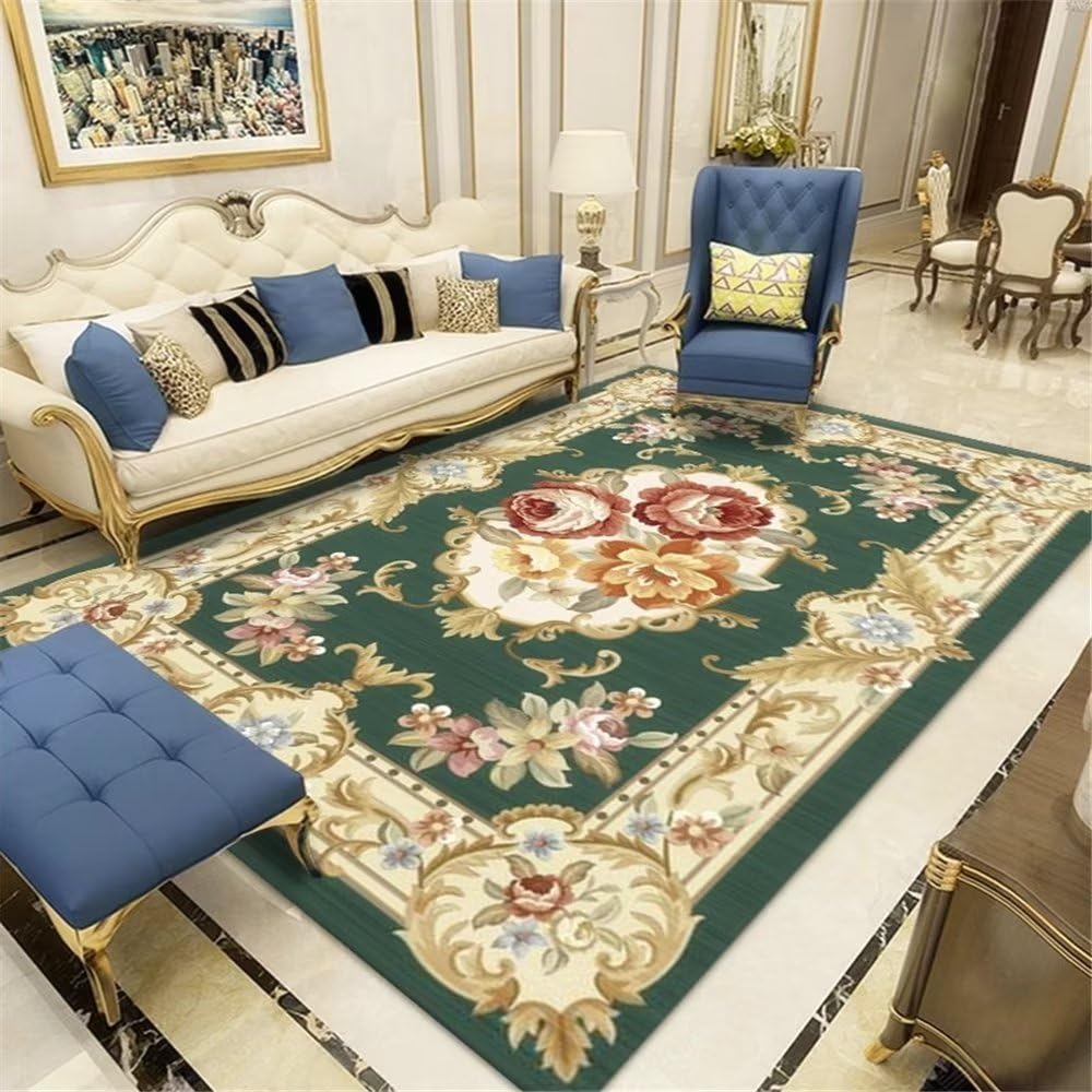 Tapis de salon vert motif floral géométrique, tapis fin de chambre 100x200cm