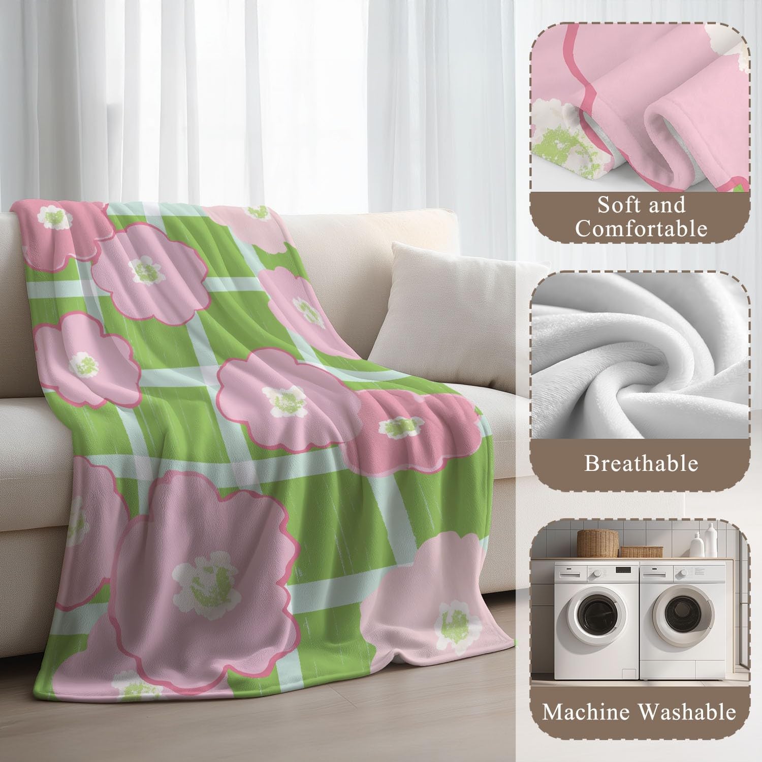 Koc flanelowy 180 cm x 200 cm miękki i lekki minimalistyczny wzór kreskówkowy kwiaty w kratkę dla dorosłych, zielony i różowy, idealny do dekoracji sofy