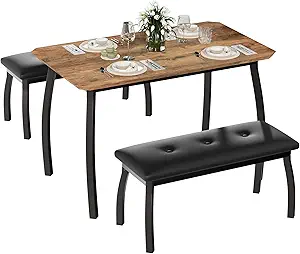 Garvee 43'' Dining Table with 2 Upholstered Benches, Industrial Dining Table Set with Heavy Duty Metal Frame, 3-Piece Kitchen Furniture for Small Spaces, Studio, Restaurant, Home, Retro