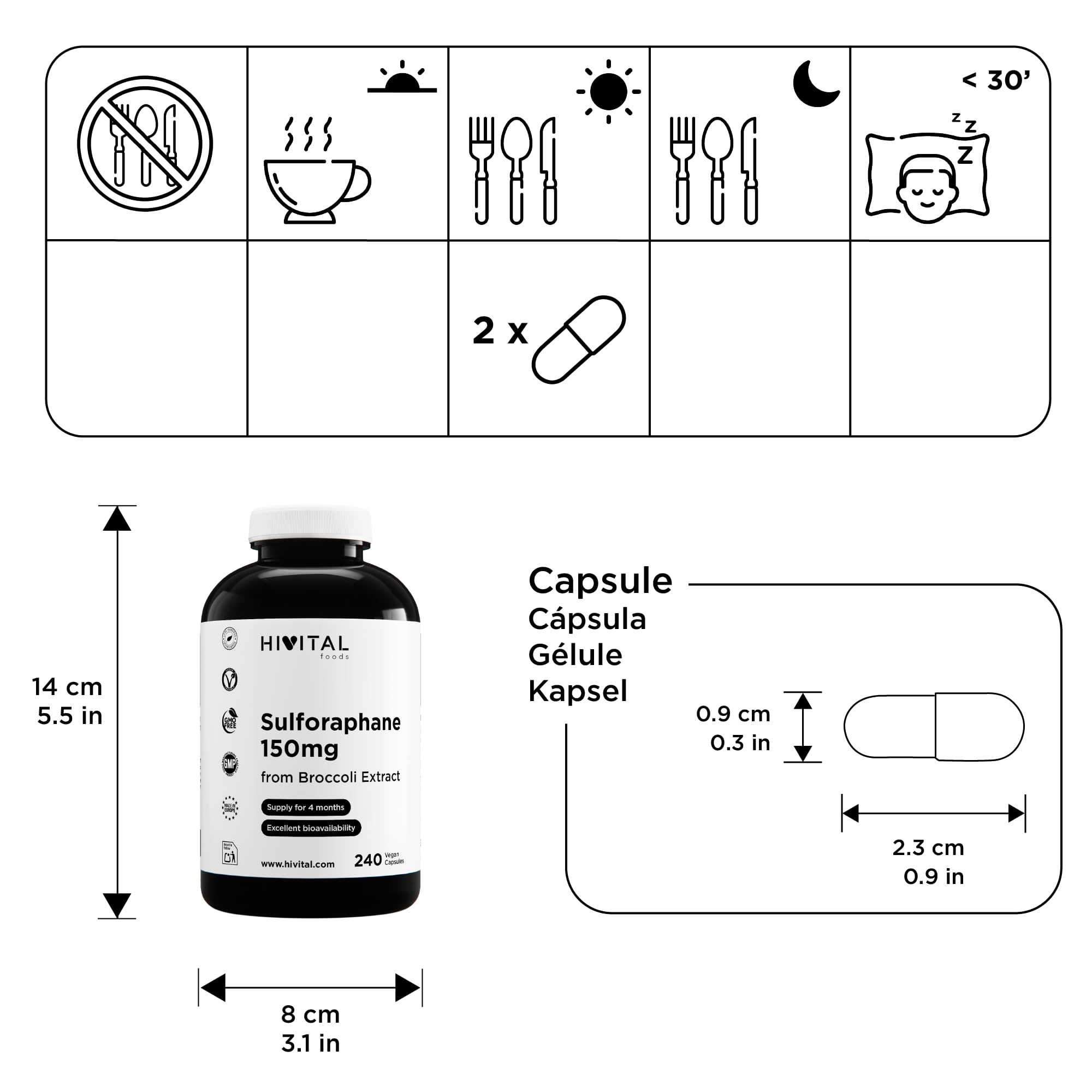 Sulforafano 150 mg. 240 capsule vegane per un trattamento di 4 mesi. Estratto Naturale di Broccoli concentrato 10:1 al 10% di Sulforafano, che fornisce 150 mg di Sulforafano. Prodotto da HIVITAL
