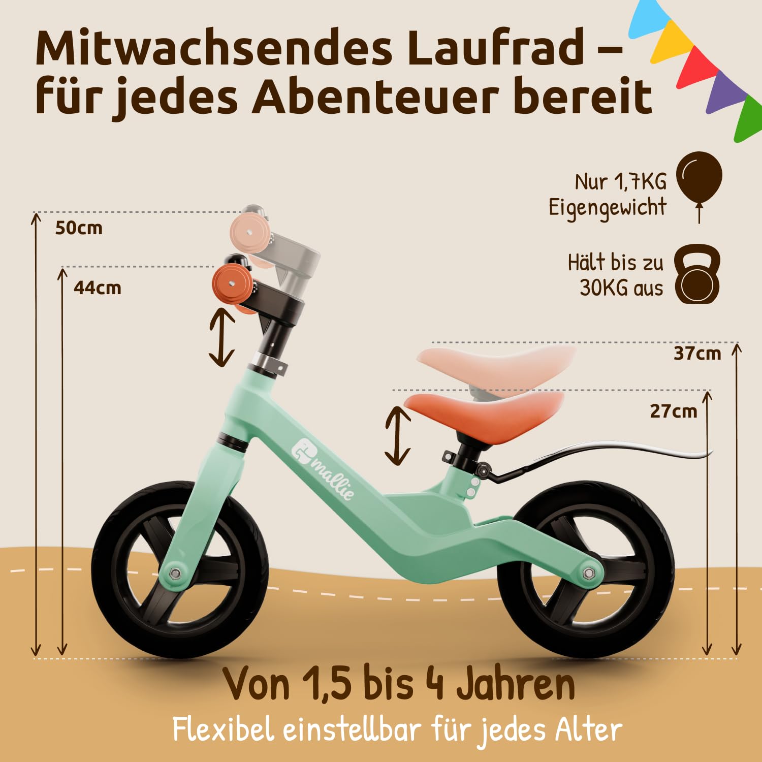 Mallie® sicheres Kinder Laufrad ab 2 Jahre I Inkl. Klingel & Spritzschutz I Lenker und Sitz Verstellbar - Laufräder, Laufrad ab 3 Jahre, 4 Jahre Balance Bike I Weihnachten