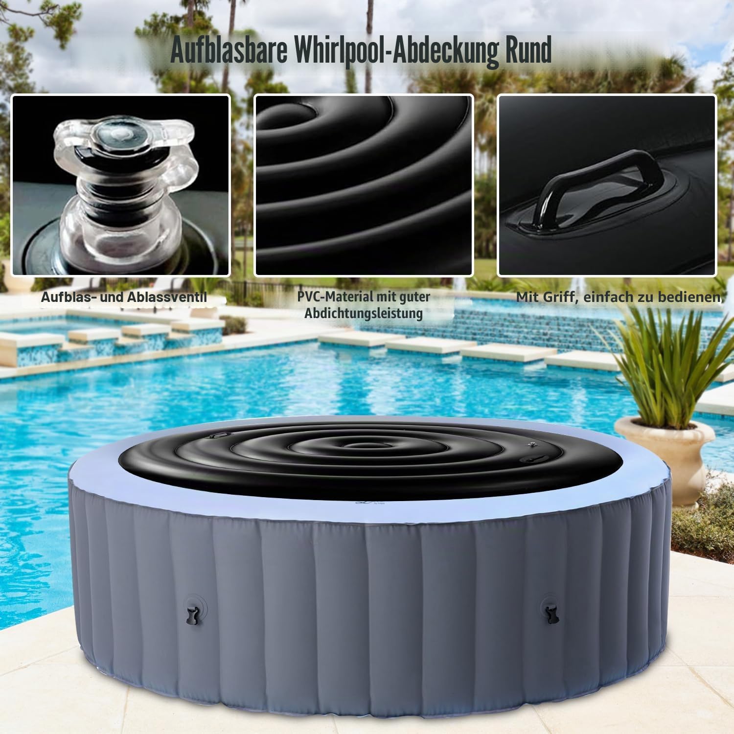 140cm Aufblasbare Whirlpool Abdeckung Runde Whirl Poolabdeckung mit Griffen Aufblasbare Badewannenabdeckung Regenfest Und ReißFest Whirlpoolzubehör Energiesparende Spa Abdeckung