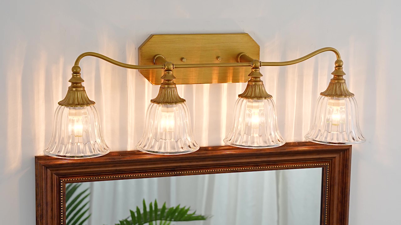 Image of LmnLvn Brushed Gold 4-Light Bathroom Light Fixture, Crystal Glass Shade