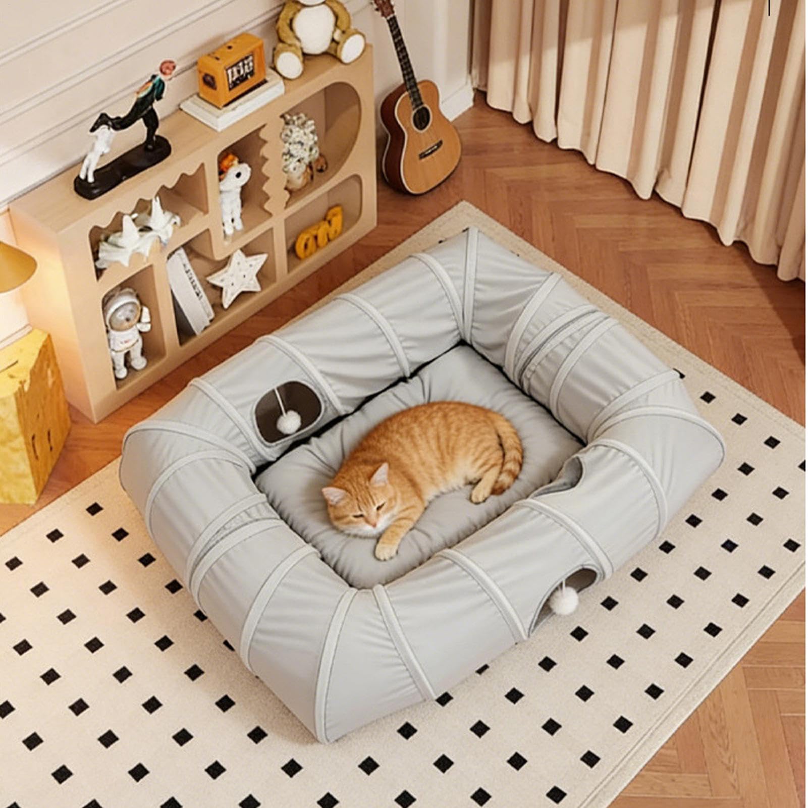 Cama para Gato Cueva Rectangular para Gato con 4 Entradas | de juguete para gatitos de interior Para Dormitorio, Salón, Terraza, Piso, Hogar, Estacional en Interior