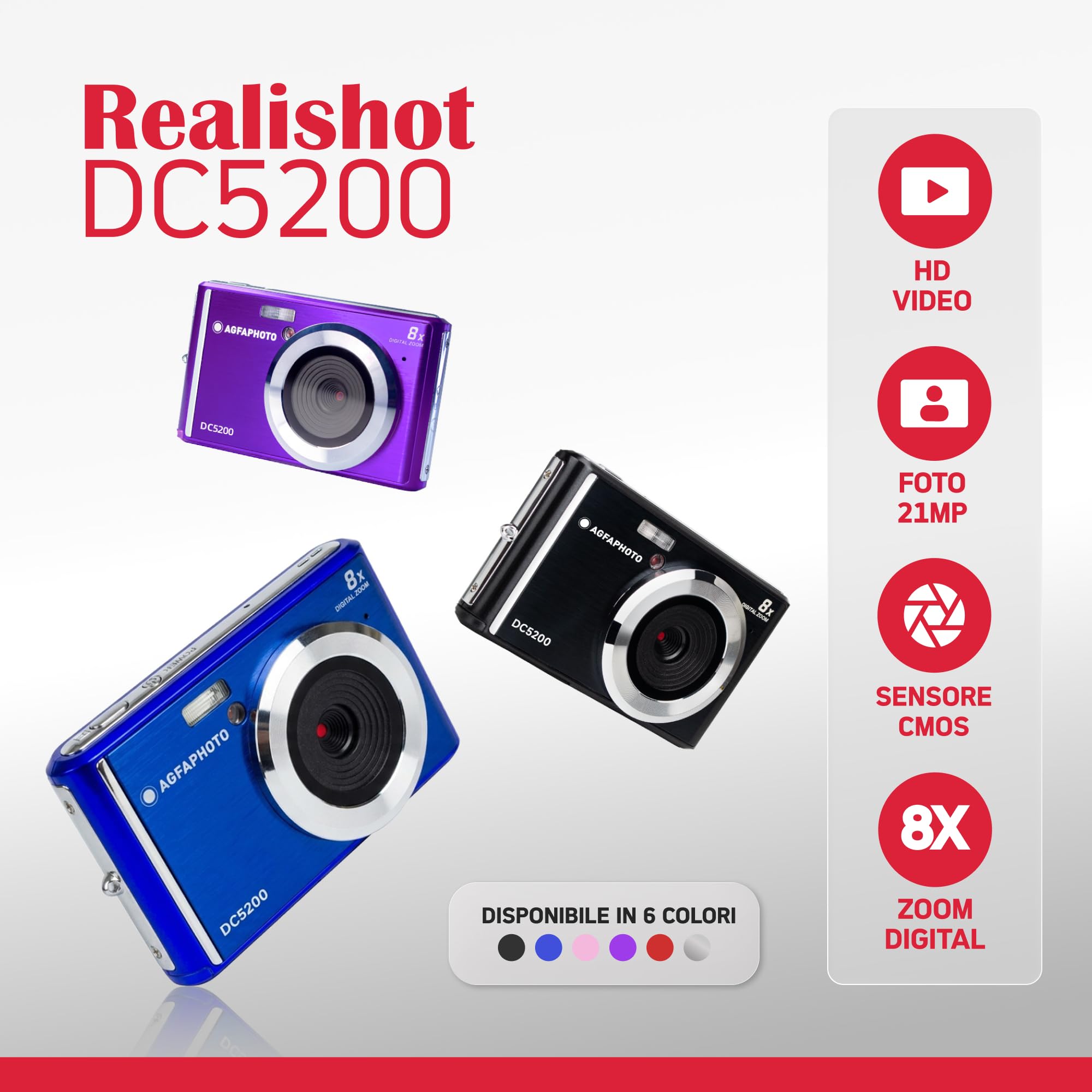 Agfa Photo - Cámara Digital compacta con 21 Mpx, Sensor CMOS, Zoom Digital 8X y Pantalla LCD, Color Plateado
