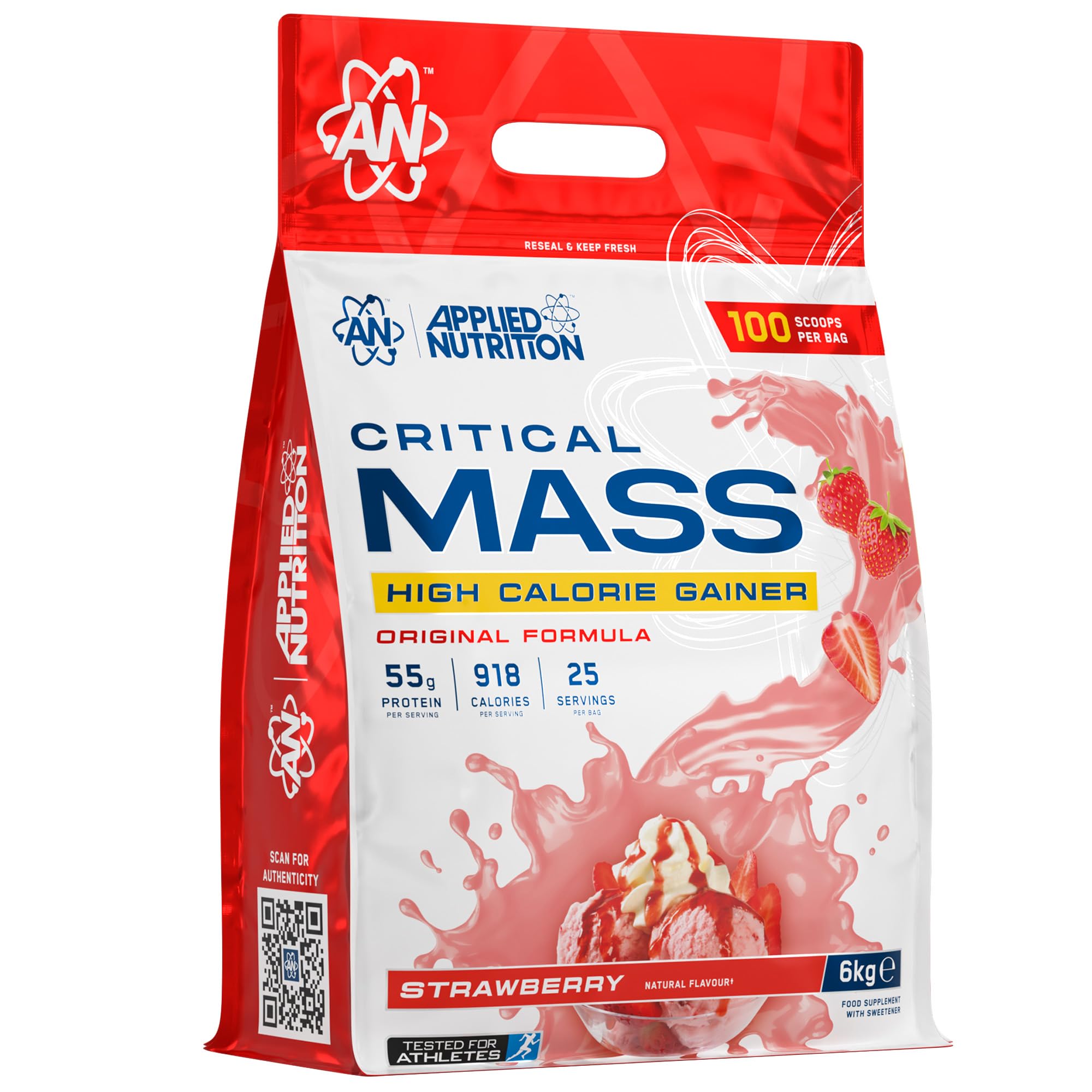 Applied Nutrition Critical Mass Protéine en Poudre, Saveur Fraise, 6 kg, 55 g de Protéines par Portion, 25 Portions, Gainer Calorique avec MCT, L-Glutamine et CLA